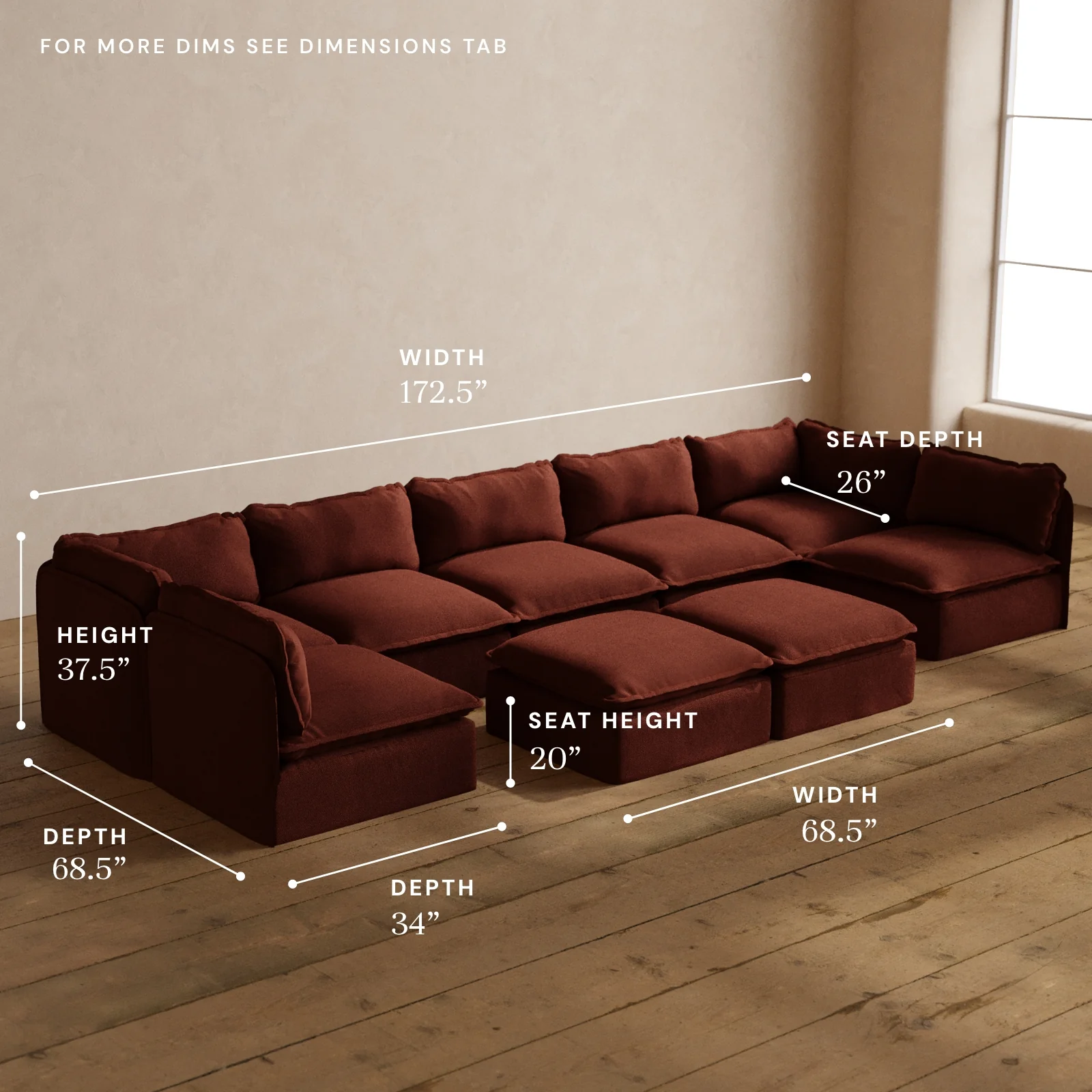 Modular Washable 7-Seater Open-Ends U-Sectional + Bench Ottoman in Rust | Memorix+ Seat | Contour Pillow - Image 5