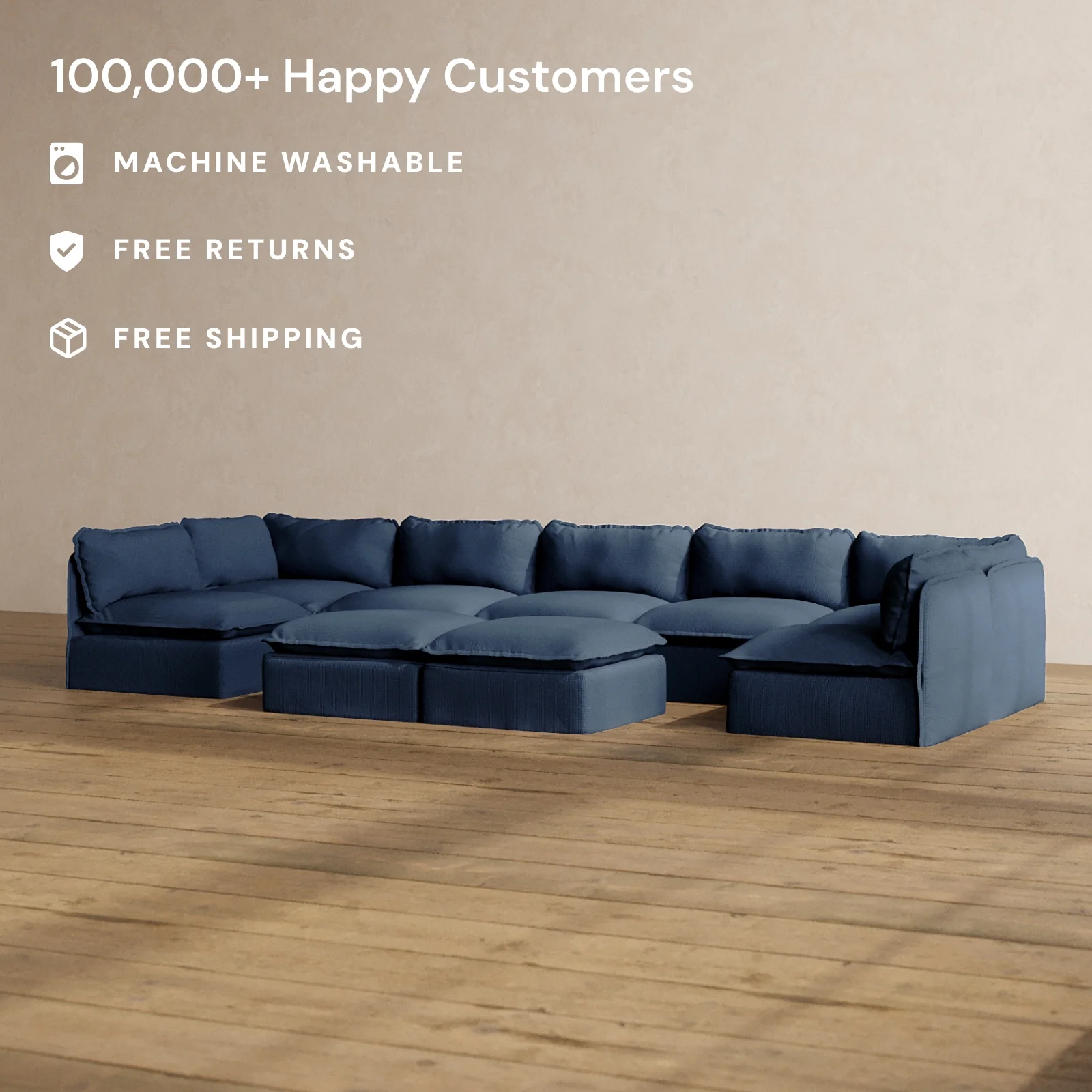 Modular Washable 7-Seater Open-Ends U-Sectional + Bench Ottoman in Sumi | Memorix+ Seat | Contour Pillow - Image 2