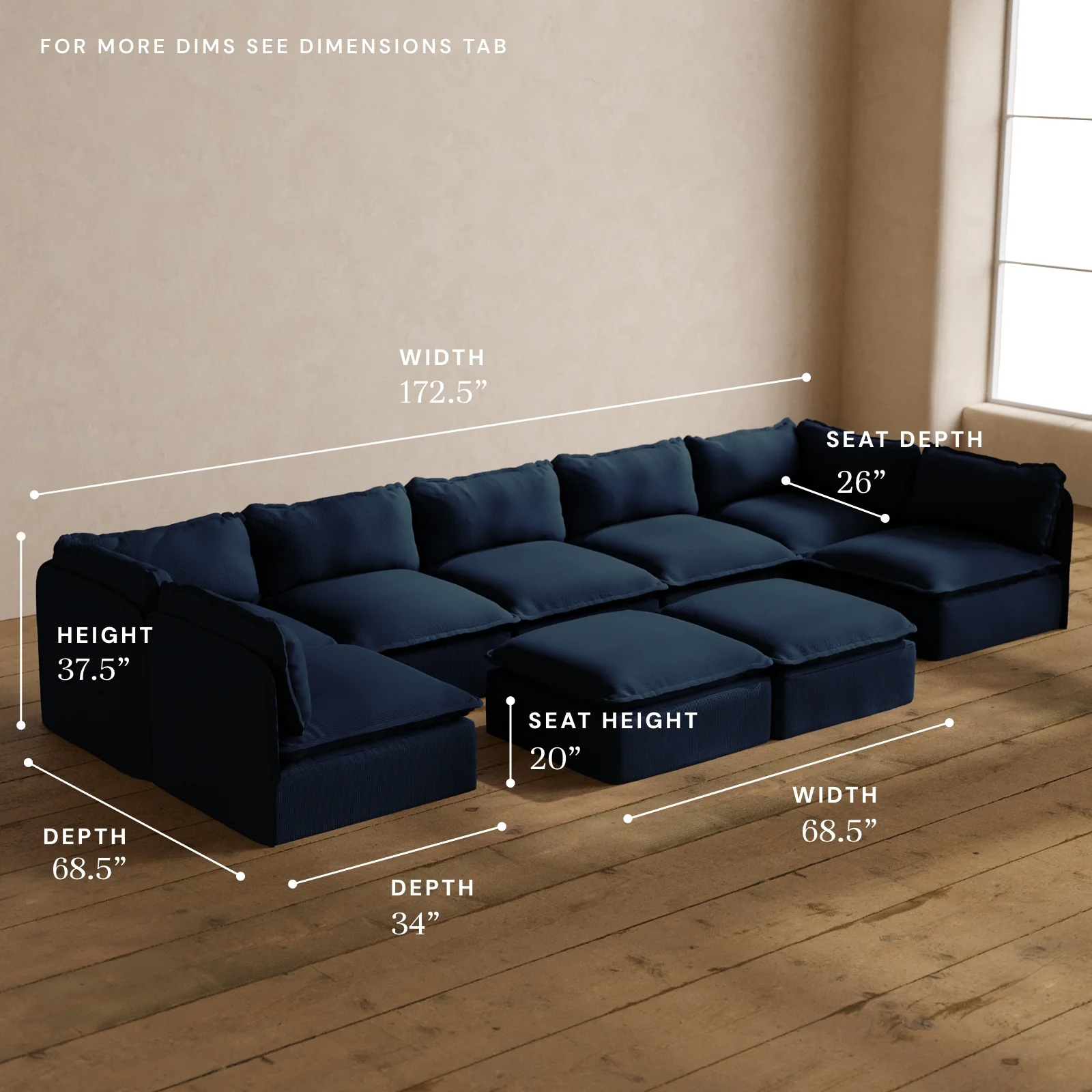 Modular Washable 7-Seater Open-Ends U-Sectional + Bench Ottoman in Sumi | Memorix+ Seat | Contour Pillow - Image 5