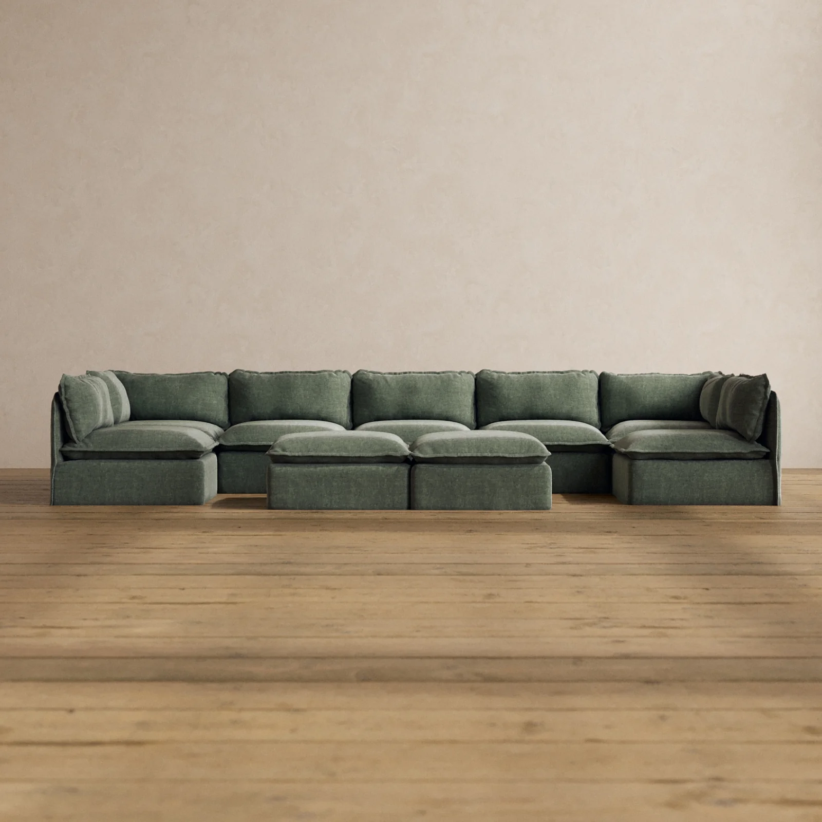 Modular Washable 7-Seater Open-Ends U-Sectional + Bench Ottoman in Willow | Deluxe+ Seat | Cloud Pillow