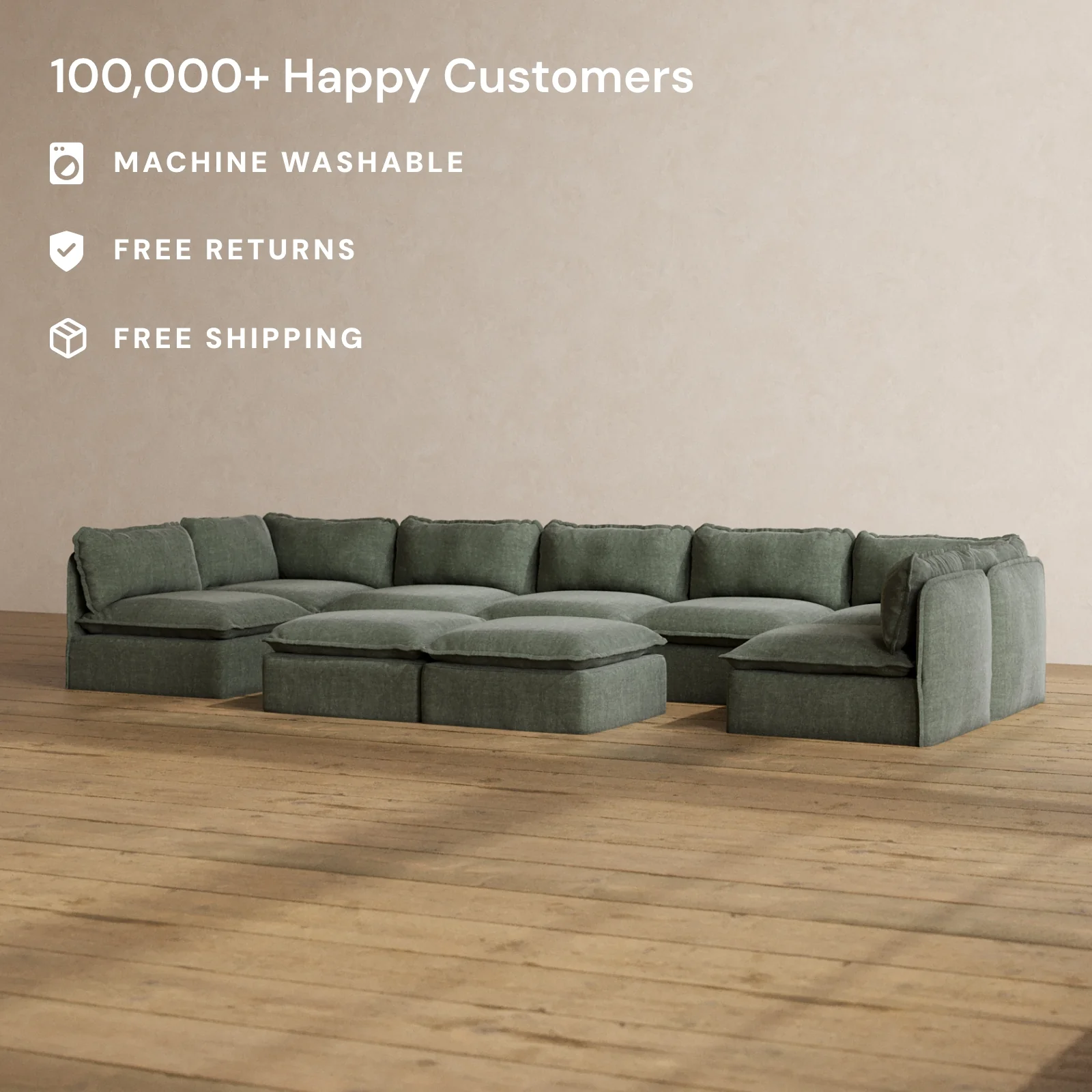Modular Washable 7-Seater Open-Ends U-Sectional + Bench Ottoman in Willow | Deluxe+ Seat | Cloud Pillow - Image 2