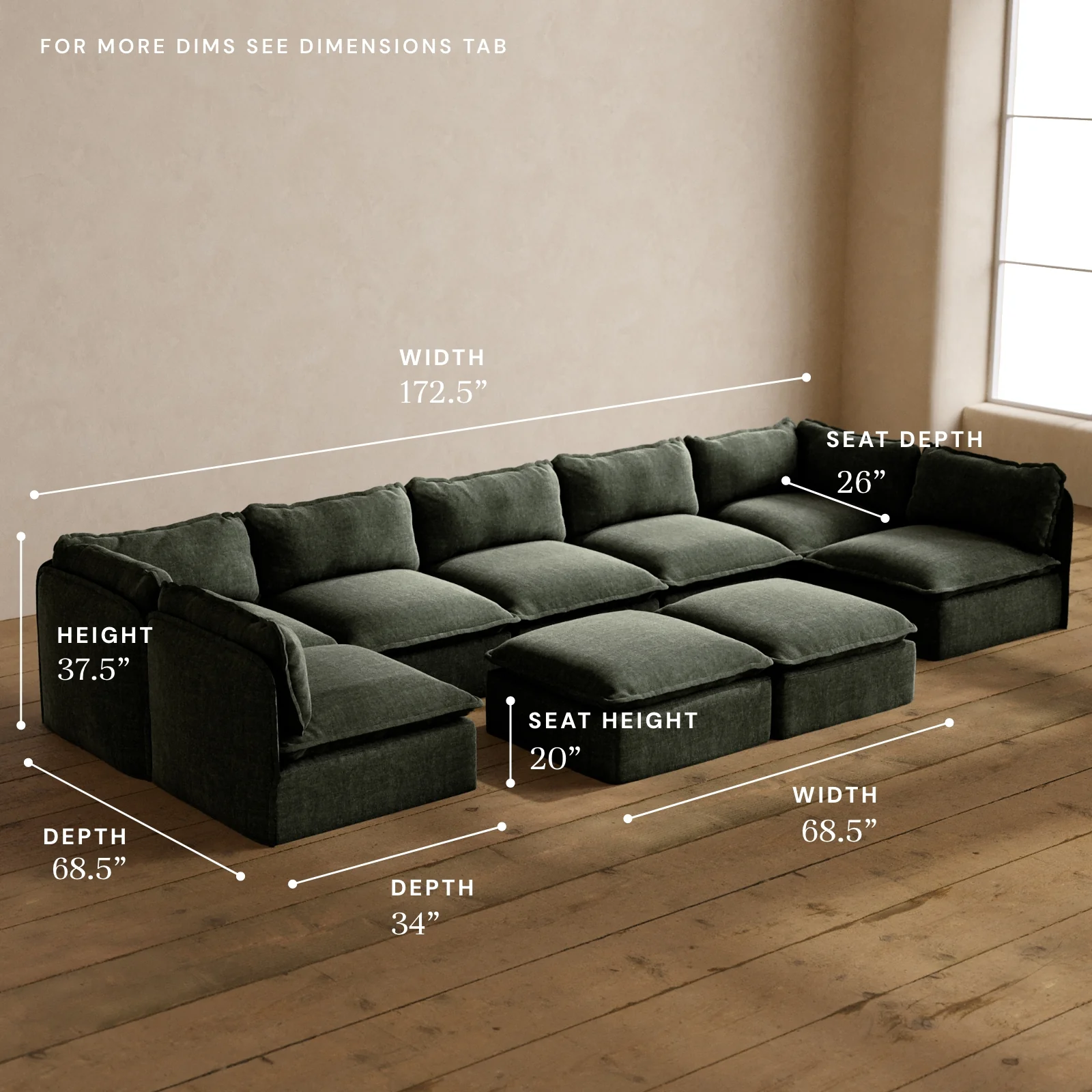Modular Washable 7-Seater Open-Ends U-Sectional + Bench Ottoman in Willow | Deluxe+ Seat | Cloud Pillow - Image 5