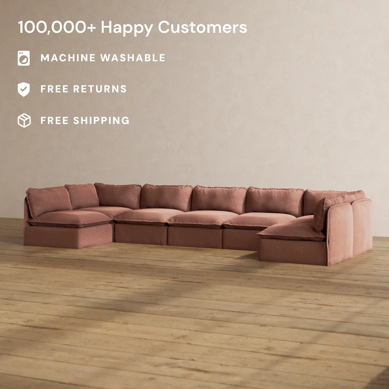 Modular Washable 7-Seater Open-Ends U-Sectional in Chestnut | Memorix+ Seat | Contour Pillow - Image 2