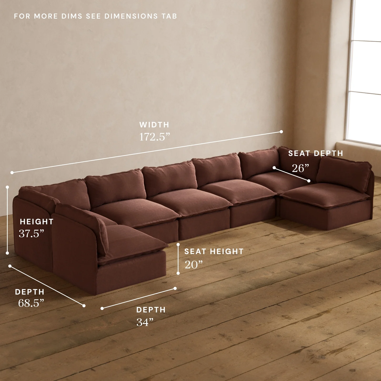 Modular Washable 7-Seater Open-Ends U-Sectional in Chestnut | Memorix+ Seat | Contour Pillow - Image 5