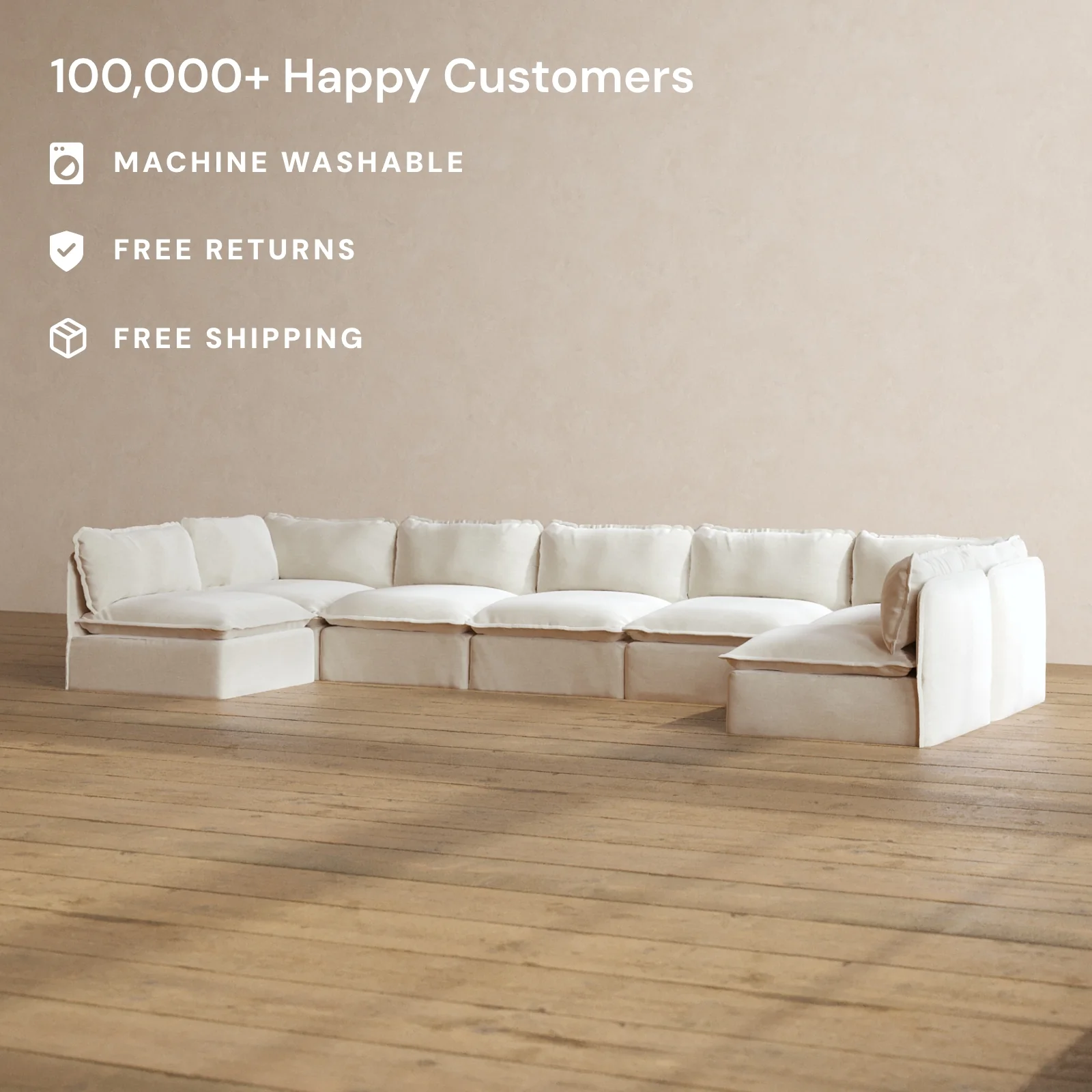 Modular Washable 7-Seater Open-Ends U-Sectional in Coco | Deluxe+ Seat | Cloud Pillow - Image 2