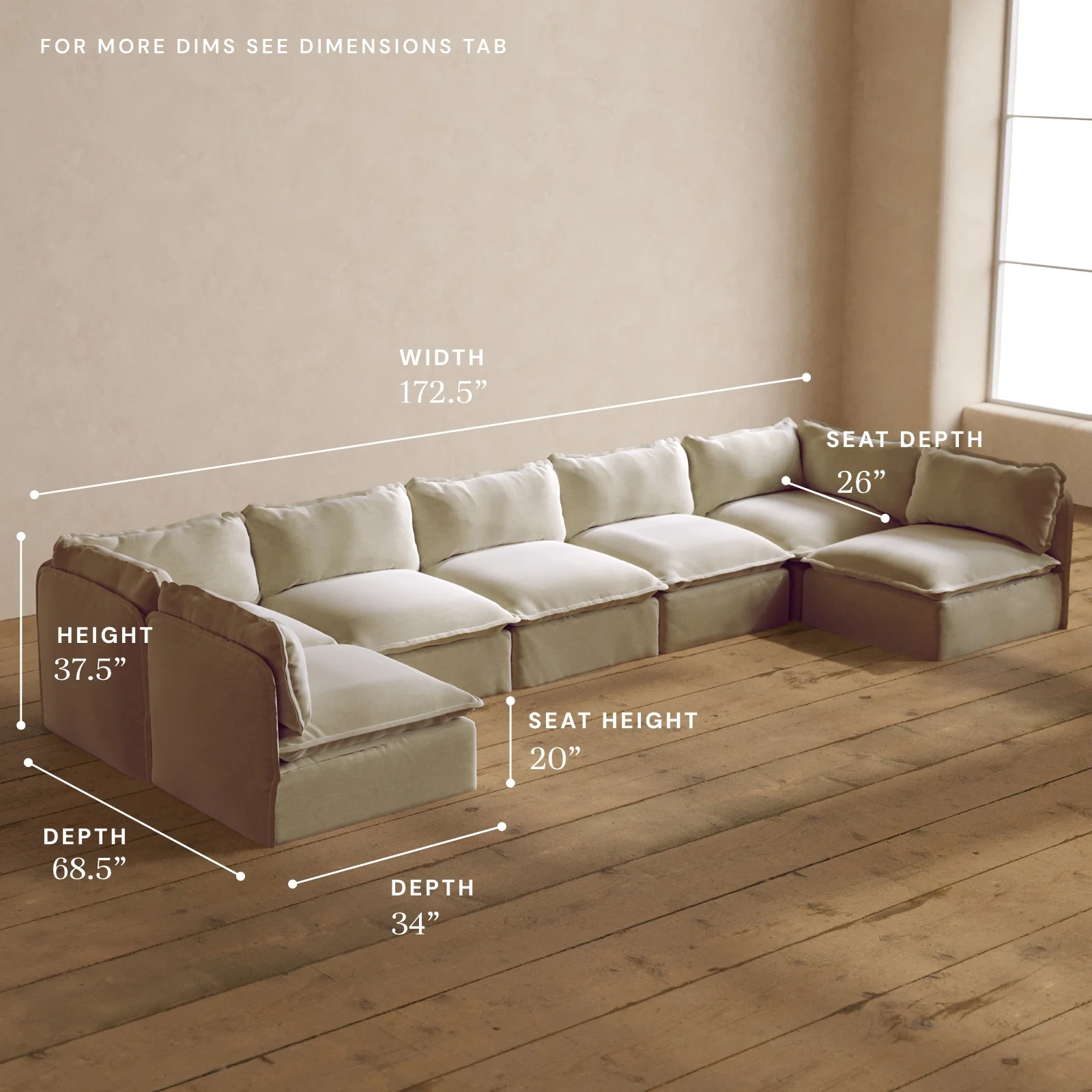 Modular Washable 7-Seater Open-Ends U-Sectional in Coco | Deluxe+ Seat | Cloud Pillow - Image 5