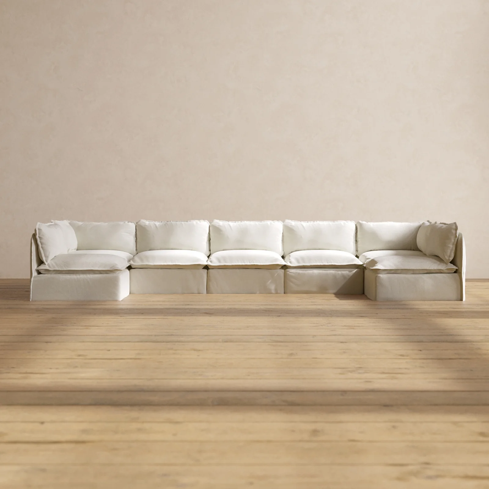 Modular Washable 7-Seater Open-Ends U-Sectional in Eggshell | Deluxe+ Seat | Cloud Pillow