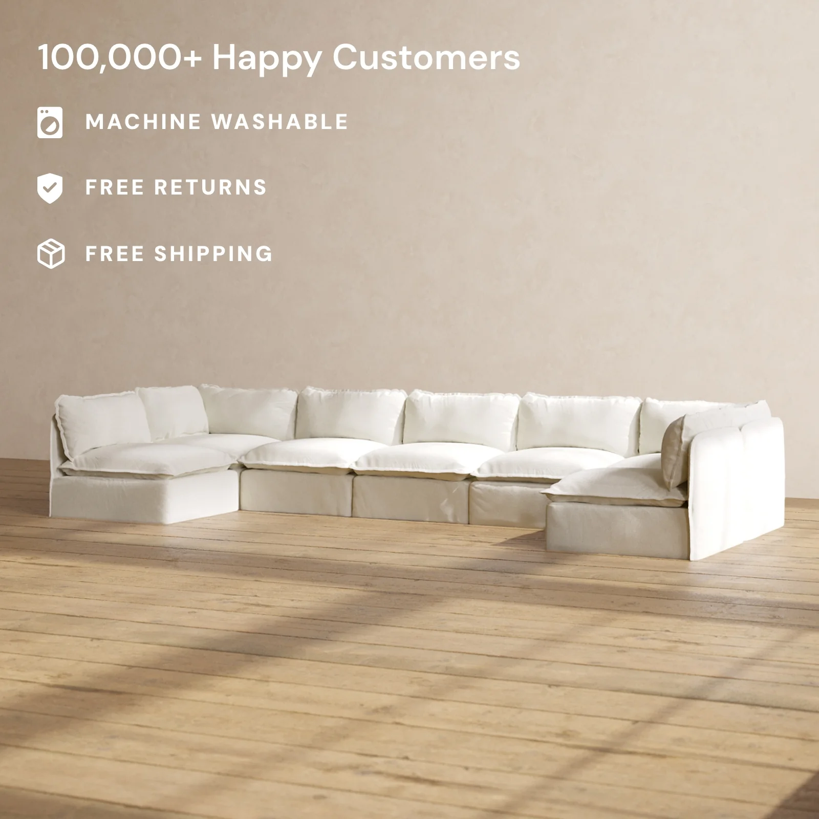 Modular Washable 7-Seater Open-Ends U-Sectional in Eggshell | Deluxe+ Seat | Cloud Pillow - Image 2