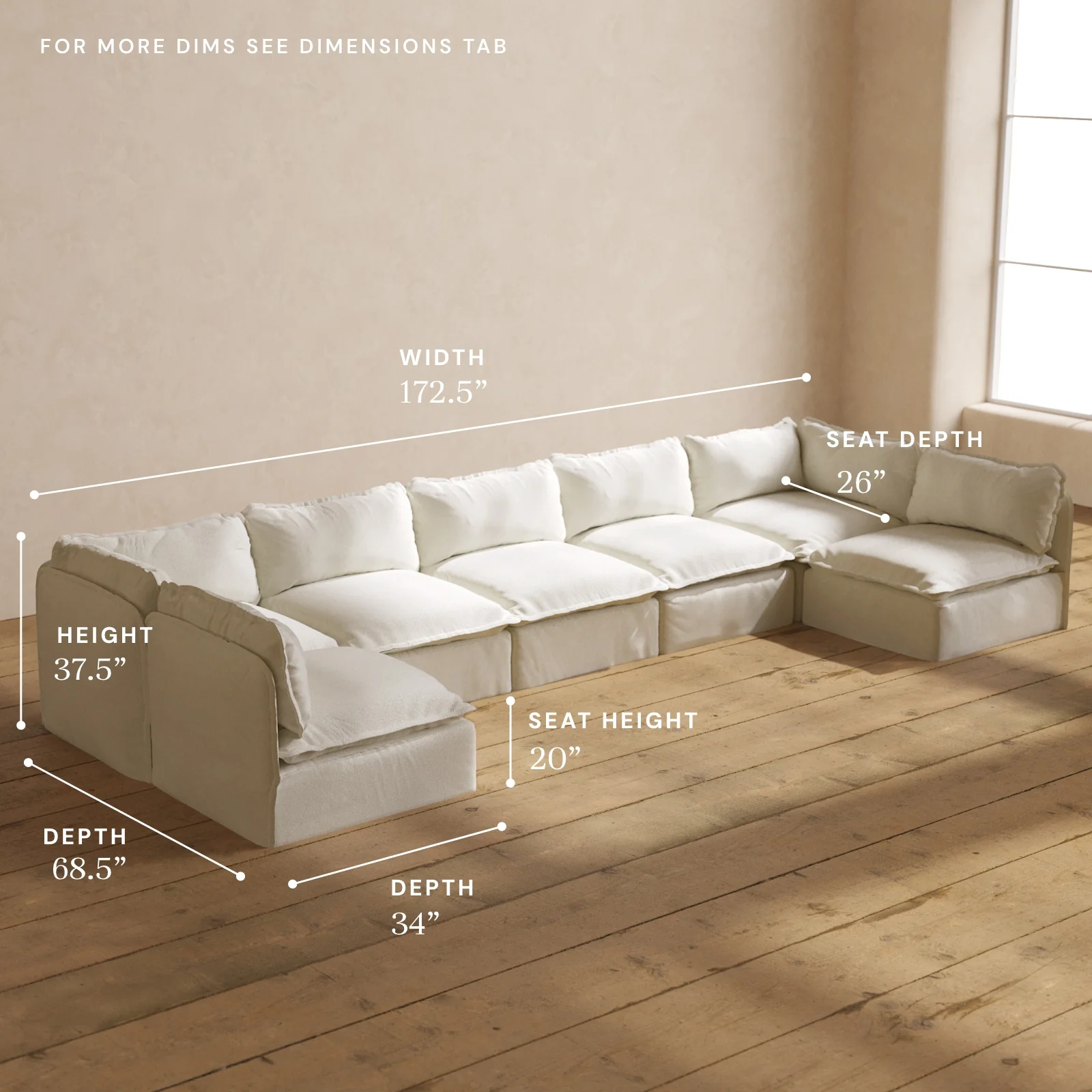 Modular Washable 7-Seater Open-Ends U-Sectional in Eggshell | Deluxe+ Seat | Cloud Pillow - Image 5