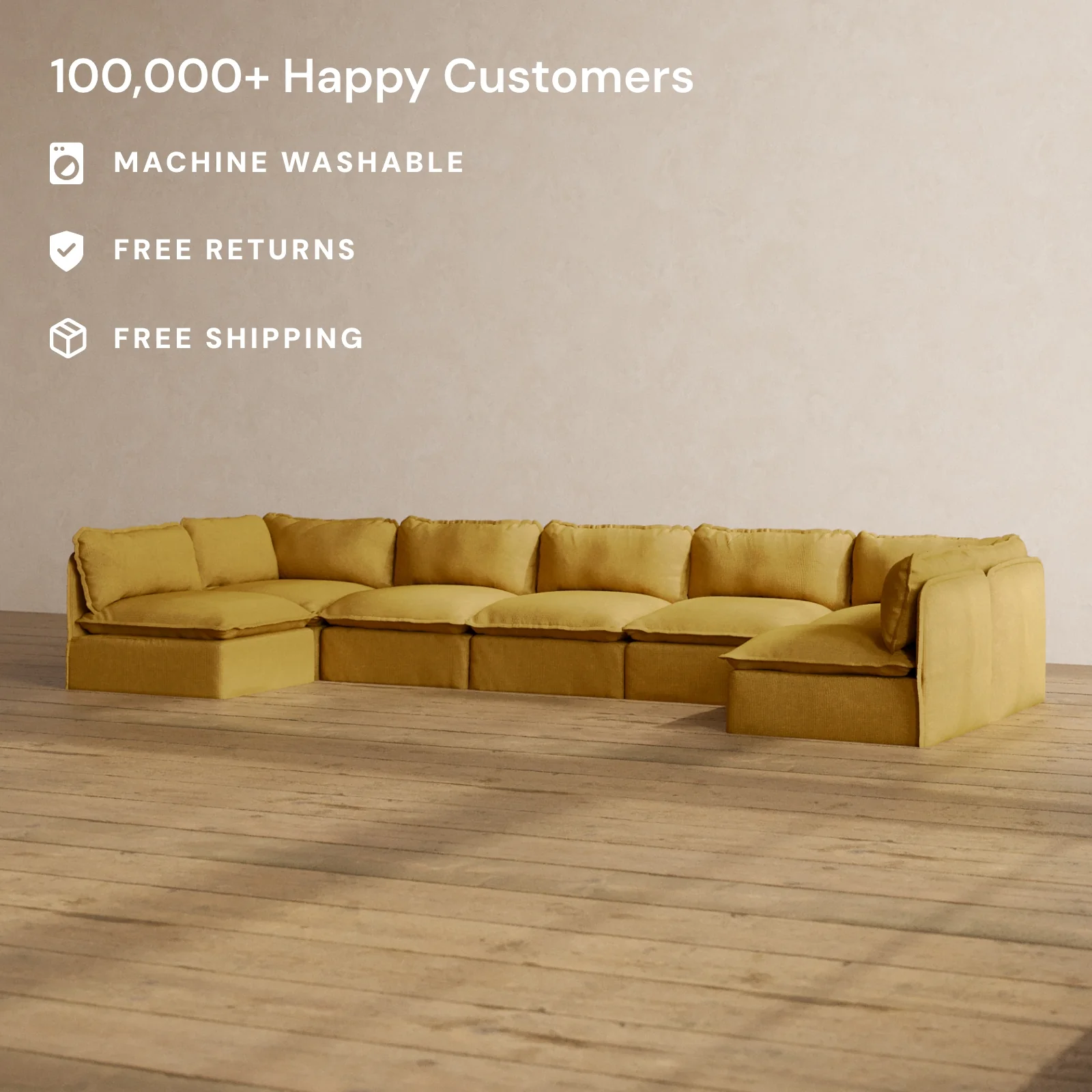 Modular Washable 7-Seater Open-Ends U-Sectional in Kiiro | Deluxe+ Seat | Cloud Pillow - Image 2