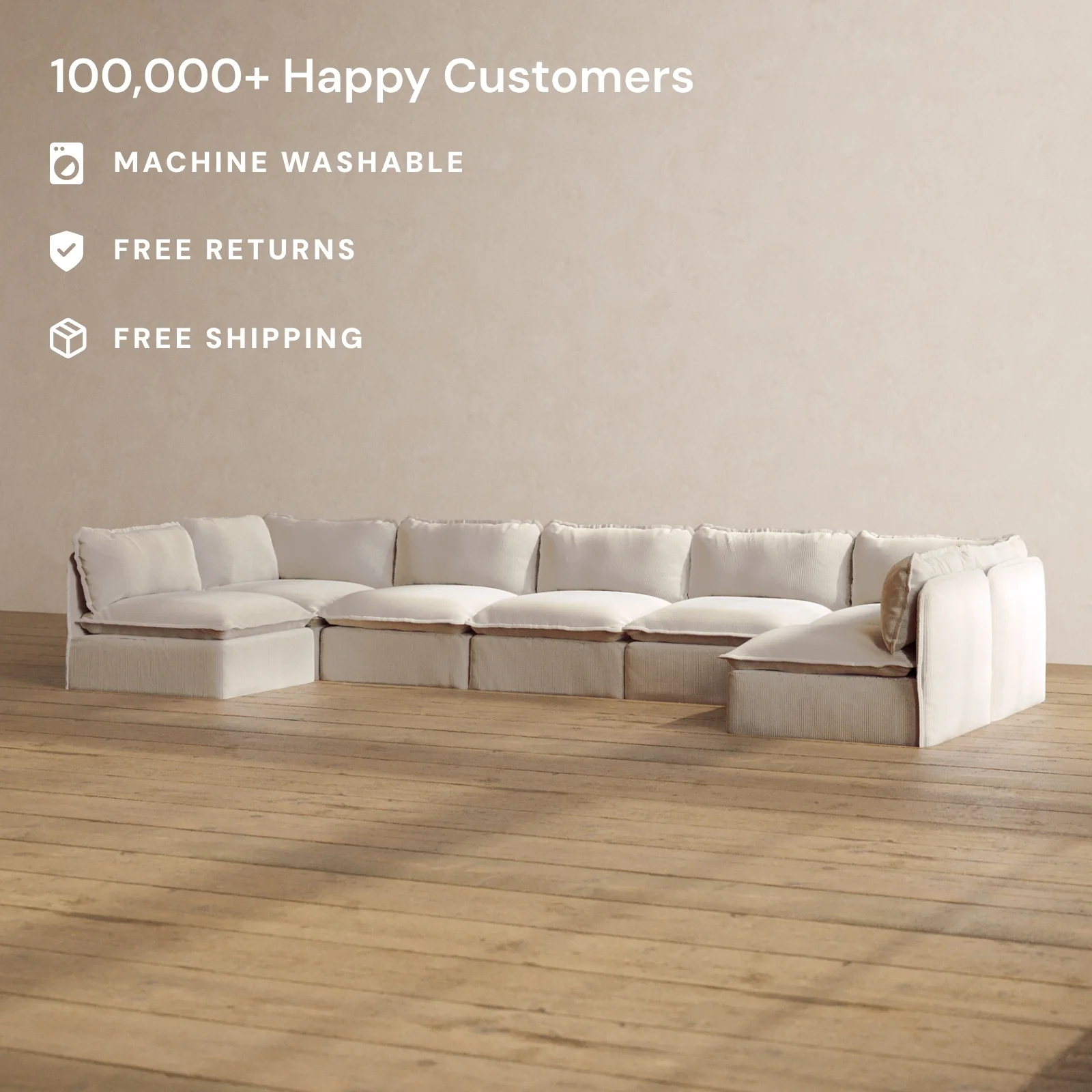 Modular Washable 7-Seater Open-Ends U-Sectional in Milk | Memorix+ Seat | Contour Pillow - Image 2