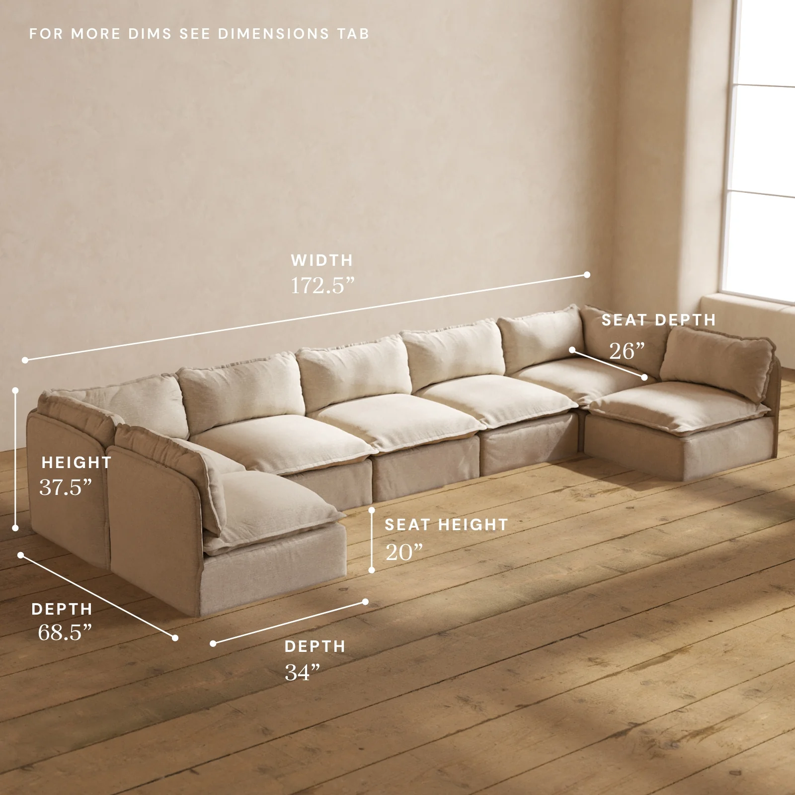 Modular Washable 7-Seater Open-Ends U-Sectional in Oat | Deluxe+ Seat | Cloud Pillow - Image 5