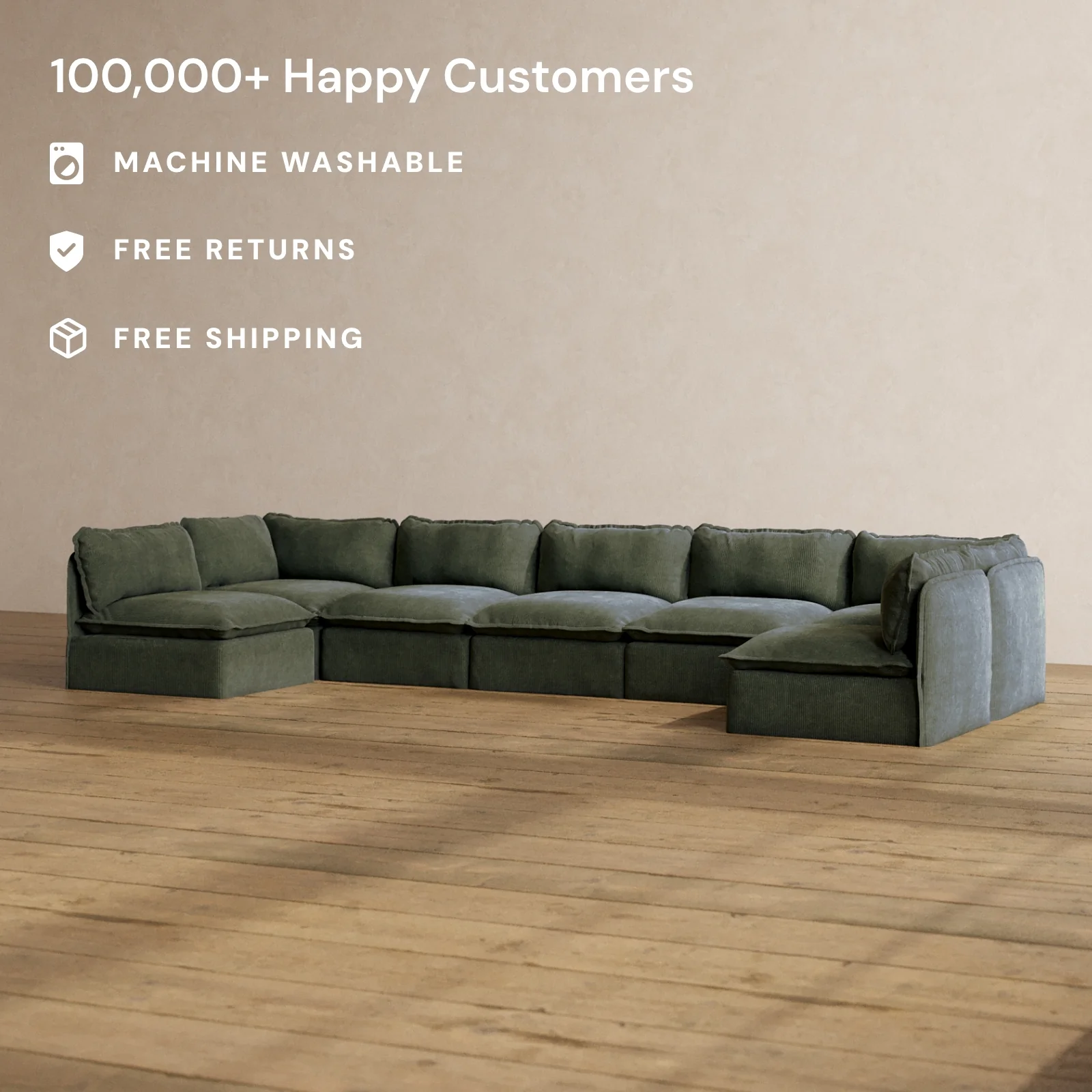 Modular Washable 7-Seater Open-Ends U-Sectional in Olivine | Deluxe+ Seat | Cloud Pillow - Image 2