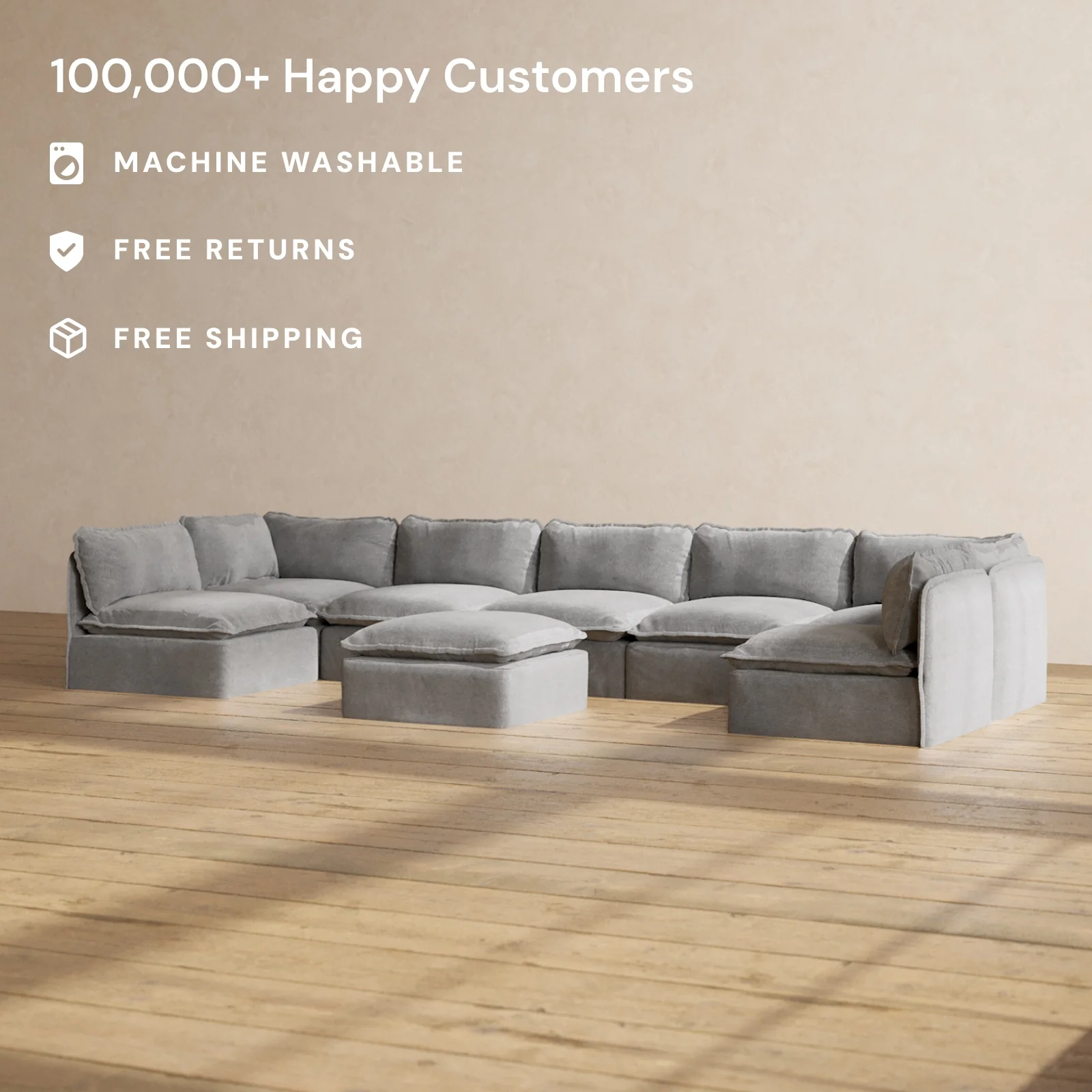 Modular Washable 7-Seater Open-Ends U-Sectional + Ottoman in Ash | Deluxe+ Seat | Cloud Pillow - Image 2