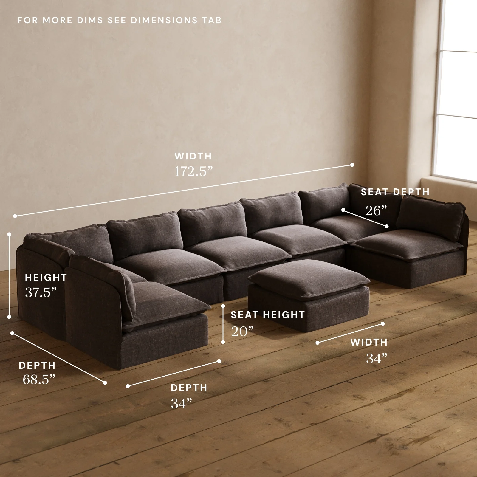 Modular Washable 7-Seater Open-Ends U-Sectional + Ottoman in Caviar | Deluxe+ Seat | Cloud Pillow - Image 5