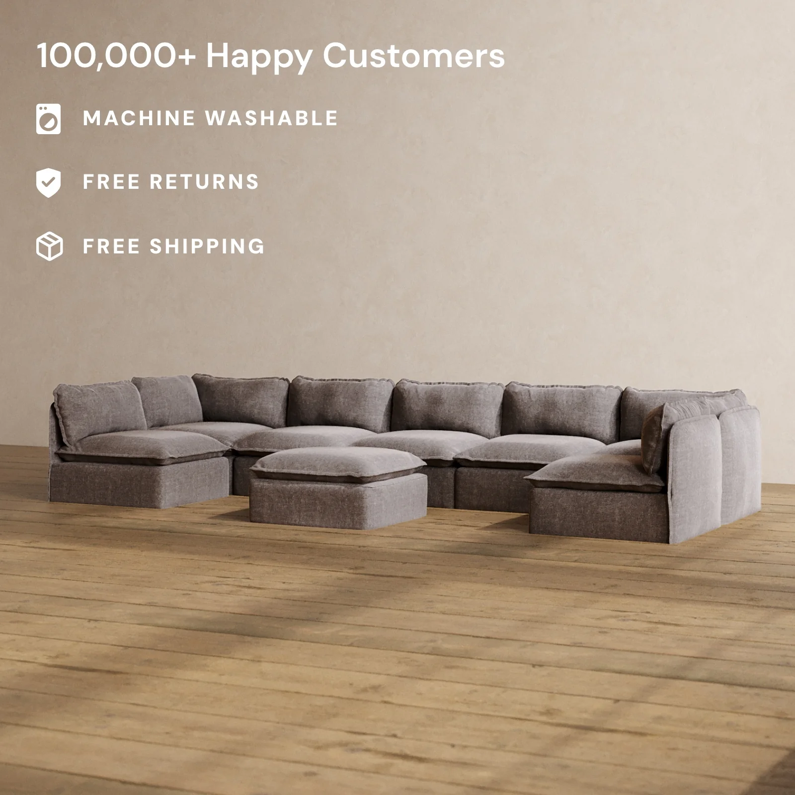 Modular Washable 7-Seater Open-Ends U-Sectional + Ottoman in Caviar | Memorix+ Seat | Contour Pillow - Image 2