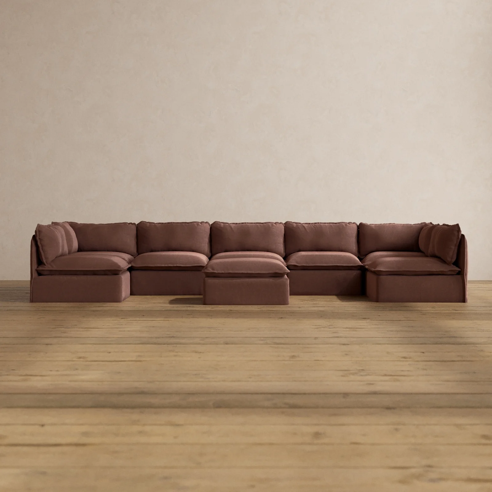 Modular Washable 7-Seater Open-Ends U-Sectional + Ottoman in Chestnut | Deluxe+ Seat | Cloud Pillow
