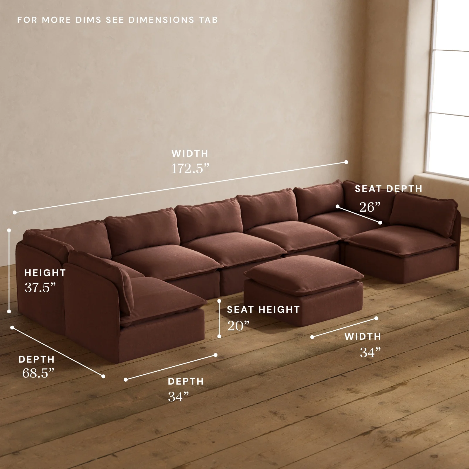 Modular Washable 7-Seater Open-Ends U-Sectional + Ottoman in Chestnut | Memorix+ Seat | Contour Pillow - Image 5