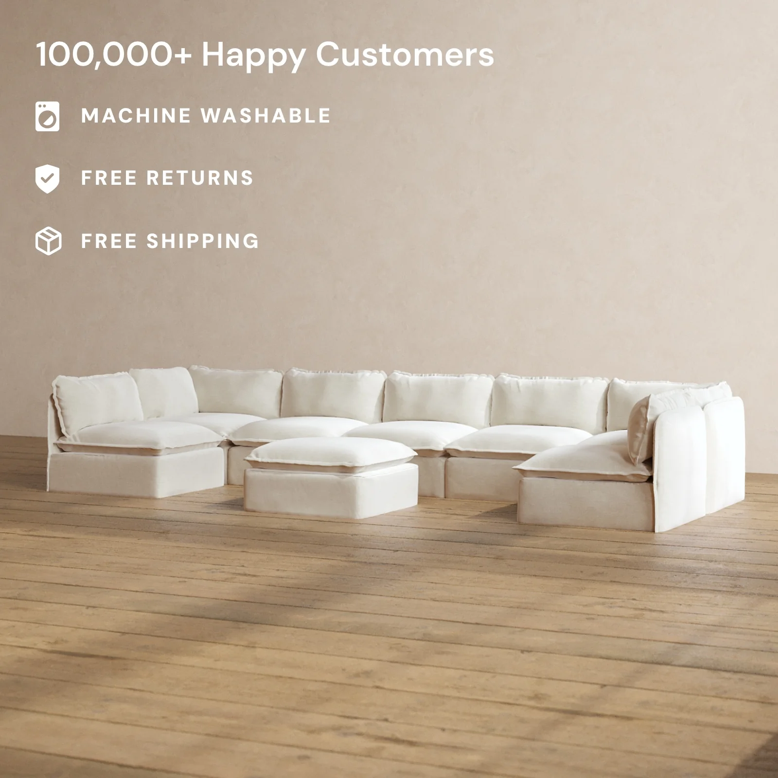 Modular Washable 7-Seater Open-Ends U-Sectional + Ottoman in Coco | Memorix+ Seat | Contour Pillow - Image 2