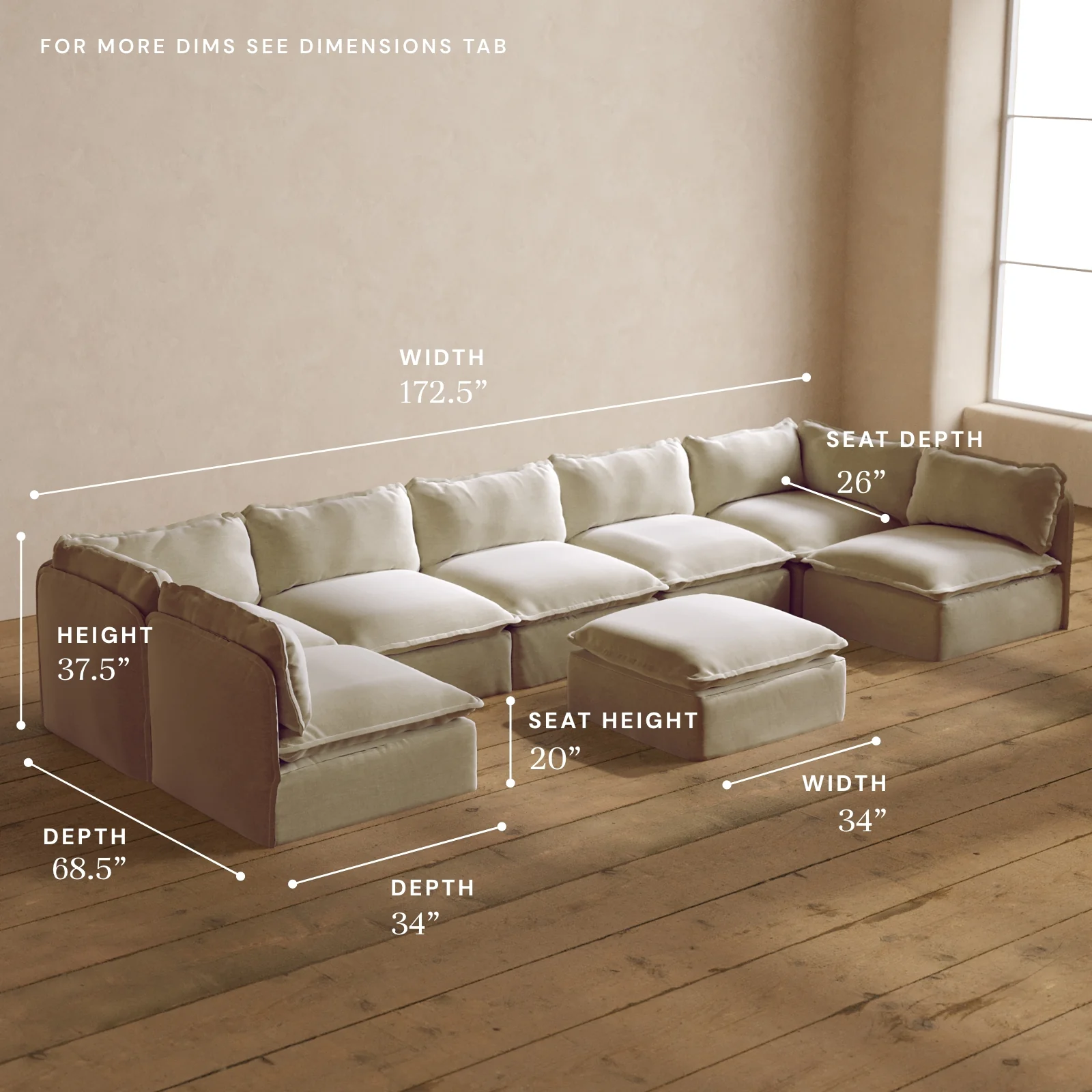 Modular Washable 7-Seater Open-Ends U-Sectional + Ottoman in Coco | Memorix+ Seat | Contour Pillow - Image 5