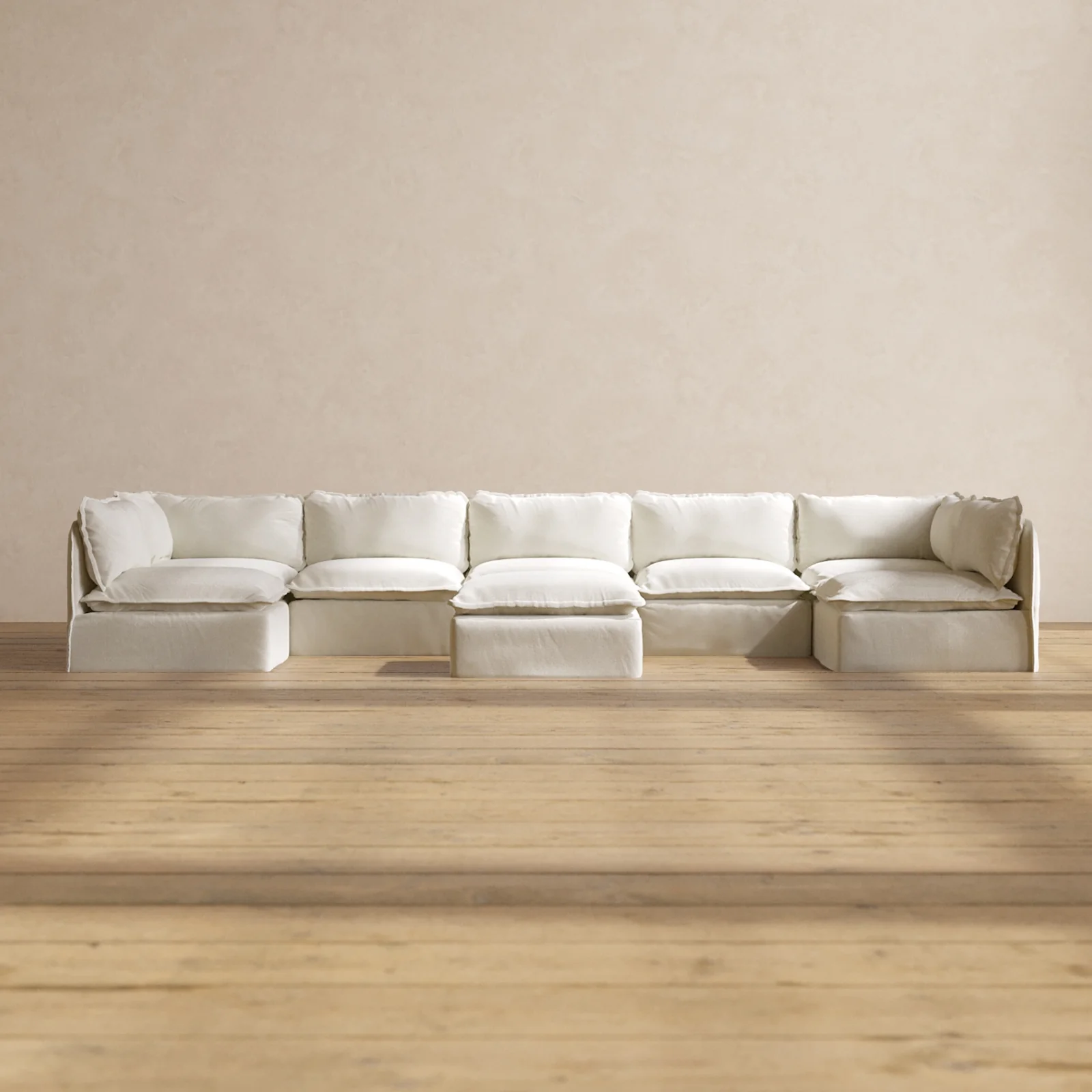Modular Washable 7-Seater Open-Ends U-Sectional + Ottoman in Eggshell | Deluxe+ Seat | Cloud Pillow