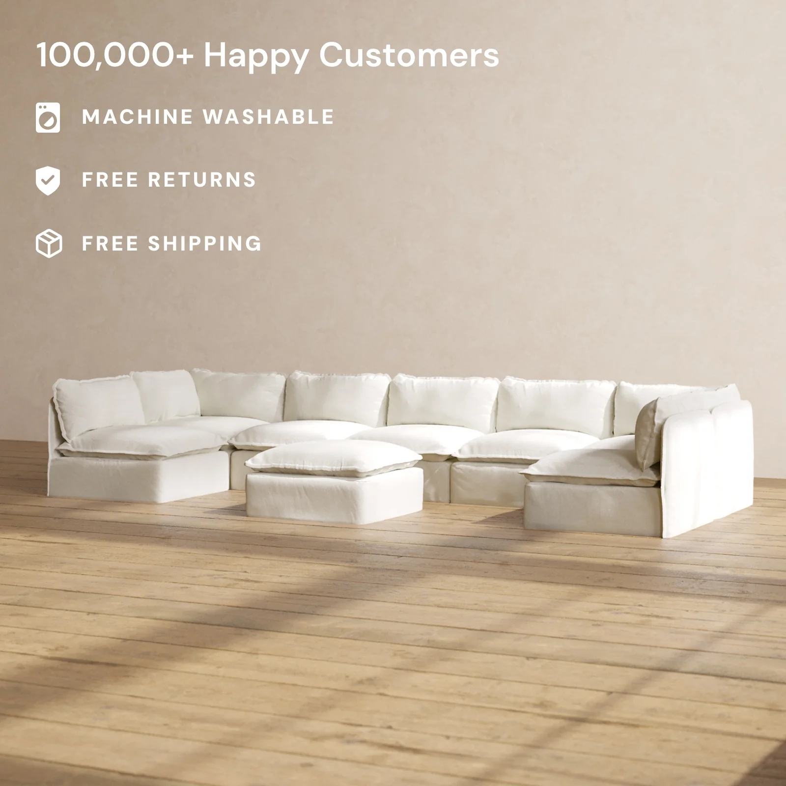 Modular Washable 7-Seater Open-Ends U-Sectional + Ottoman in Eggshell | Memorix+ Seat | Contour Pillow - Image 2