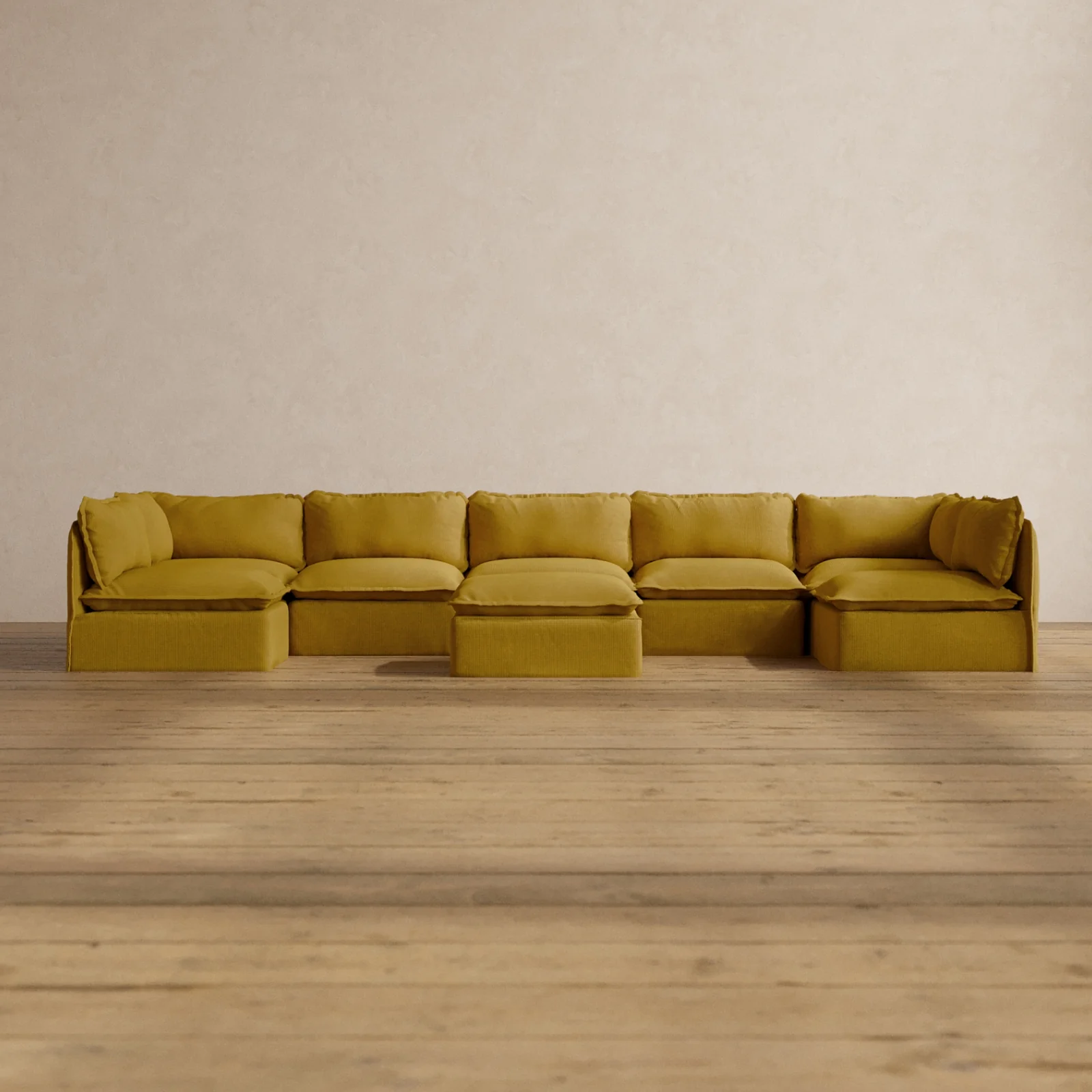 Modular Washable 7-Seater Open-Ends U-Sectional + Ottoman in Kiiro | Deluxe+ Seat | Cloud Pillow