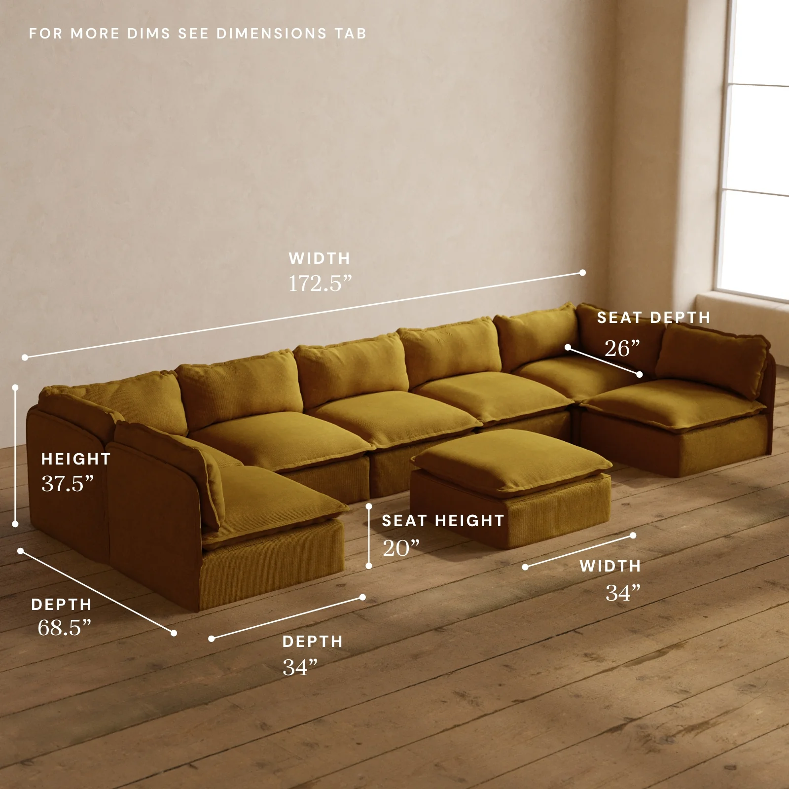 Modular Washable 7-Seater Open-Ends U-Sectional + Ottoman in Kiiro | Memorix+ Seat | Contour Pillow - Image 5