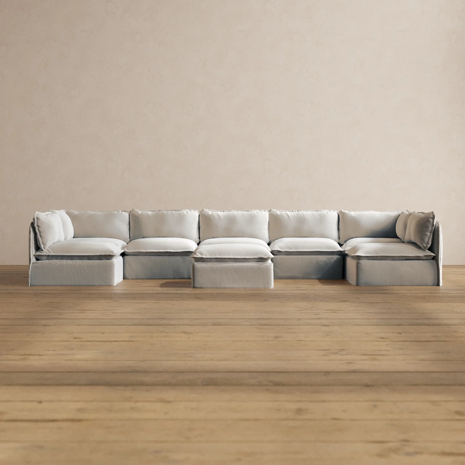 Modular Washable 7-Seater Open-Ends U-Sectional + Ottoman in Milk | Deluxe+ Seat | Cloud Pillow