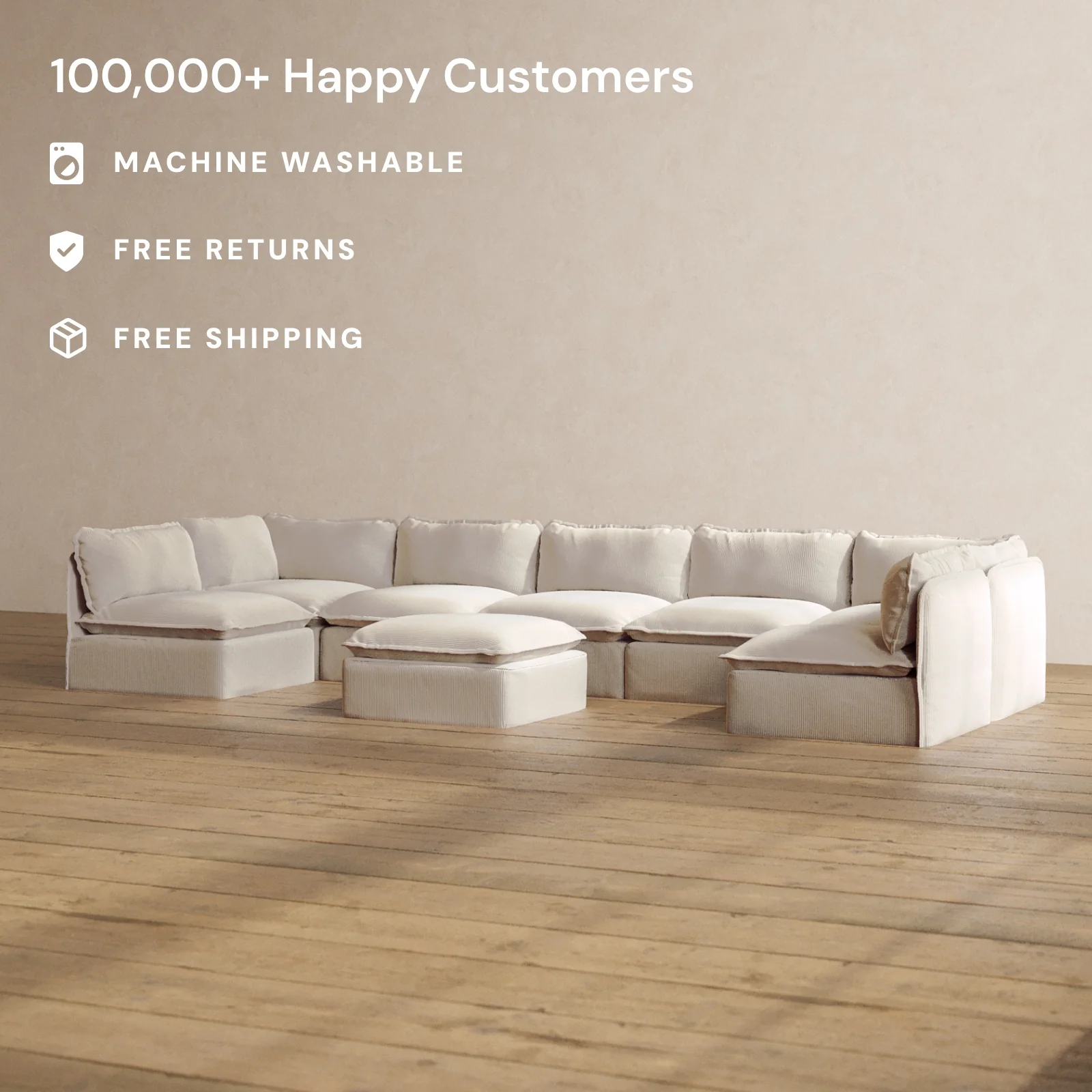 Modular Washable 7-Seater Open-Ends U-Sectional + Ottoman in Milk | Deluxe+ Seat | Cloud Pillow - Image 2