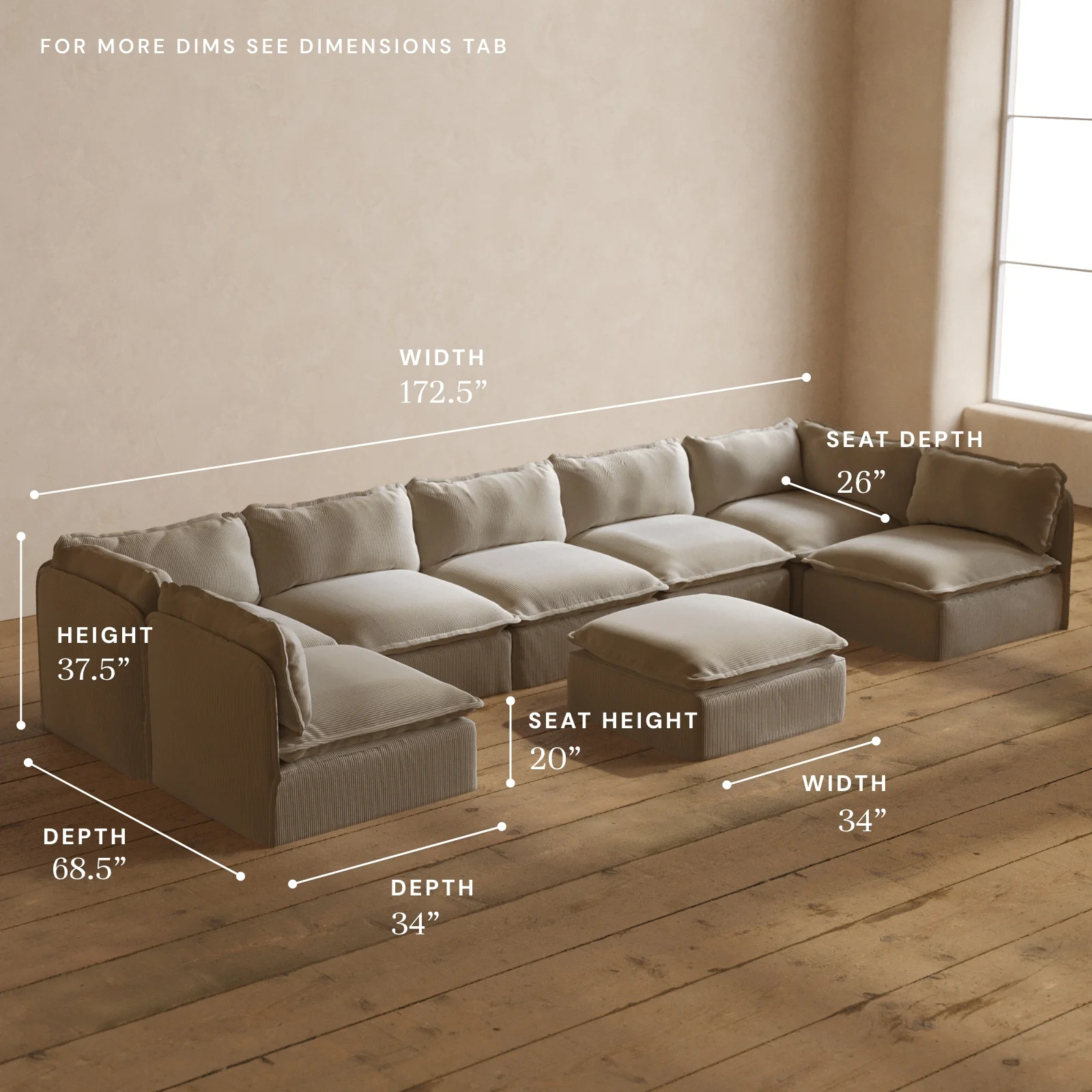 Modular Washable 7-Seater Open-Ends U-Sectional + Ottoman in Milk | Memorix+ Seat | Contour Pillow - Image 5
