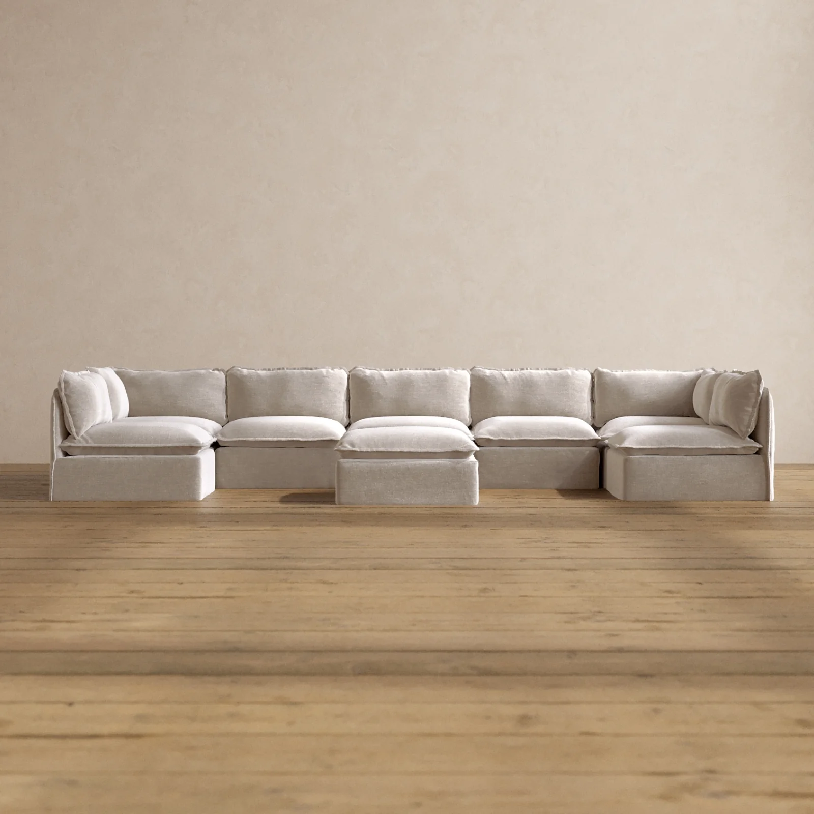 Modular Washable 7-Seater Open-Ends U-Sectional + Ottoman in Mist | Deluxe+ Seat | Cloud Pillow