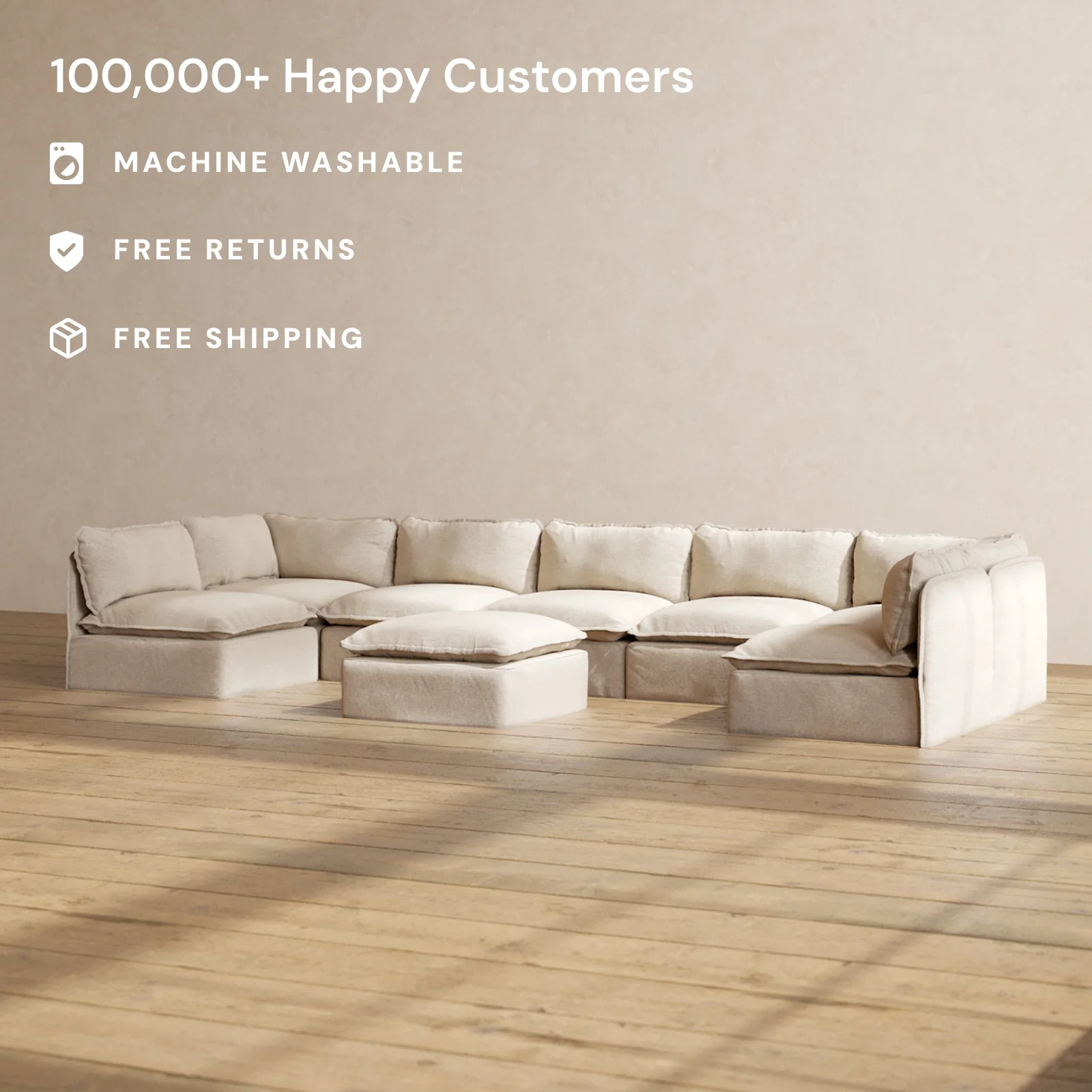 Modular Washable 7-Seater Open-Ends U-Sectional + Ottoman in Oat | Deluxe+ Seat | Cloud Pillow - Image 2