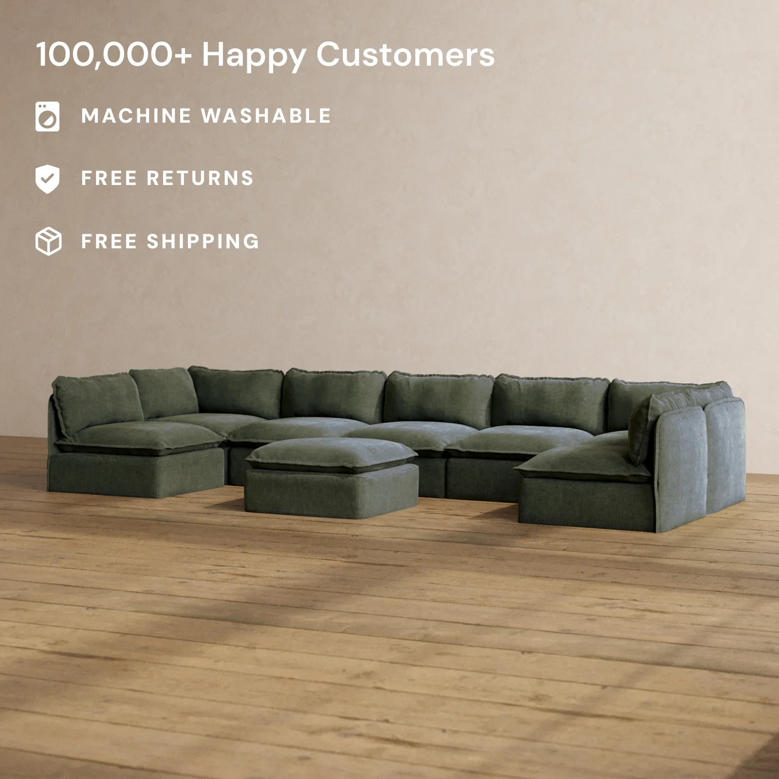 Modular Washable 7-Seater Open-Ends U-Sectional + Ottoman in Olivine | Memorix+ Seat | Contour Pillow - Image 2