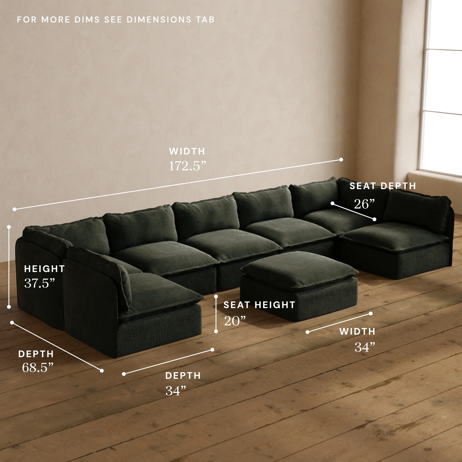 Modular Washable 7-Seater Open-Ends U-Sectional + Ottoman in Olivine | Memorix+ Seat | Contour Pillow - Image 5