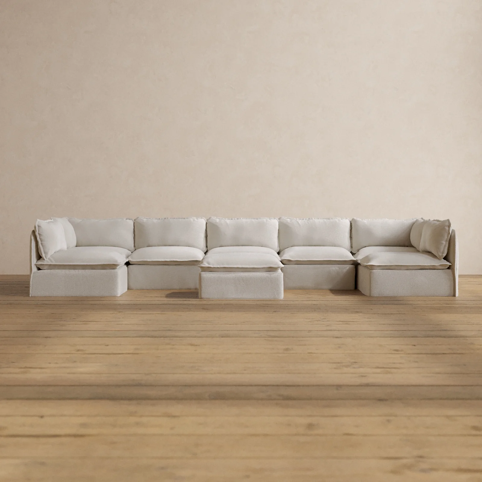 Modular Washable 7-Seater Open-Ends U-Sectional + Ottoman in Powder | Deluxe+ Seat | Cloud Pillow