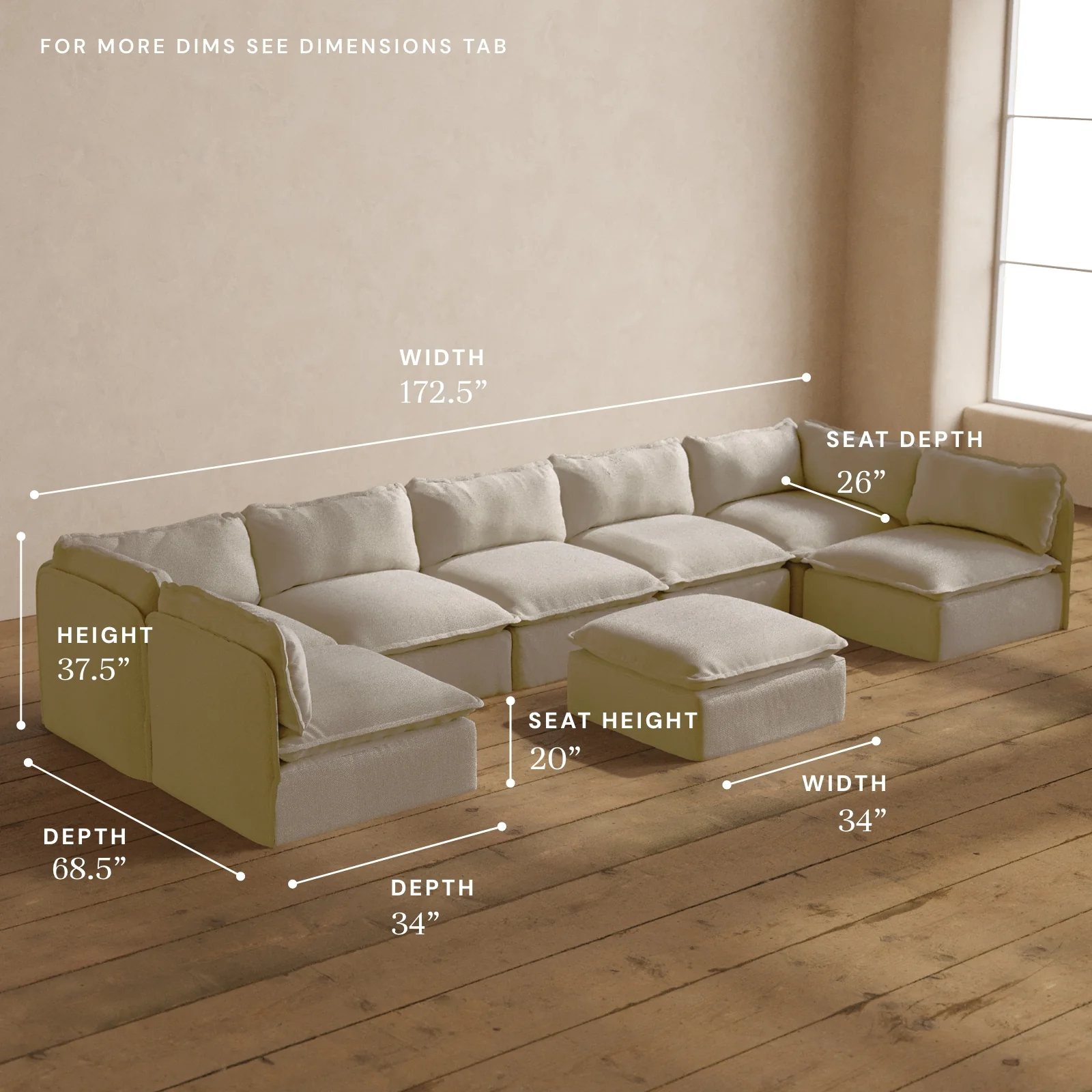 Modular Washable 7-Seater Open-Ends U-Sectional + Ottoman in Powder | Deluxe+ Seat | Cloud Pillow - Image 5