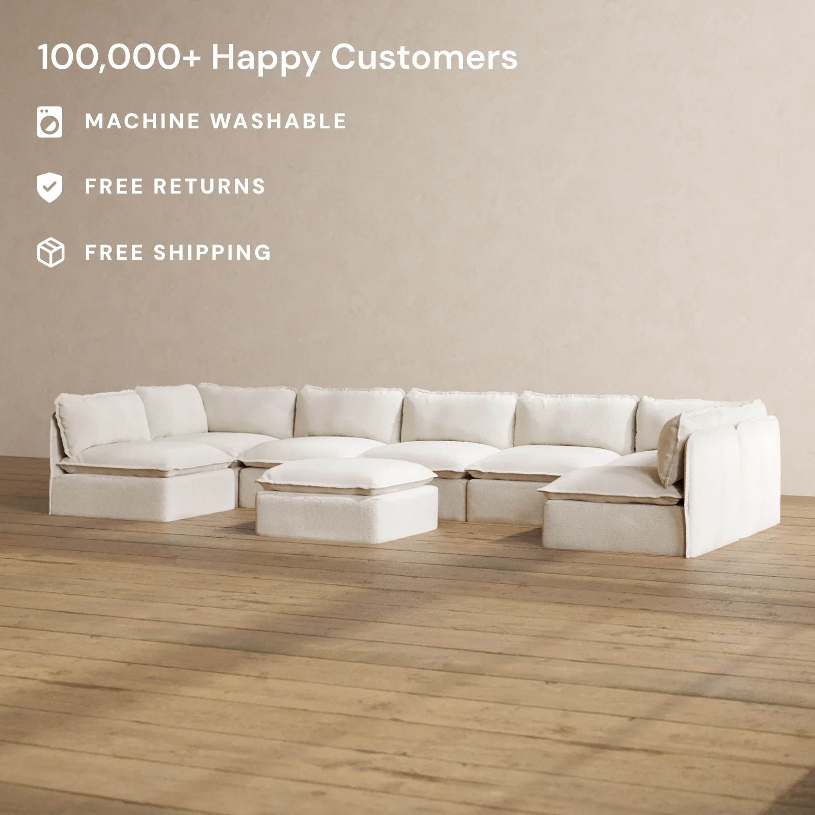 Modular Washable 7-Seater Open-Ends U-Sectional + Ottoman in Powder | Memorix+ Seat | Contour Pillow - Image 2