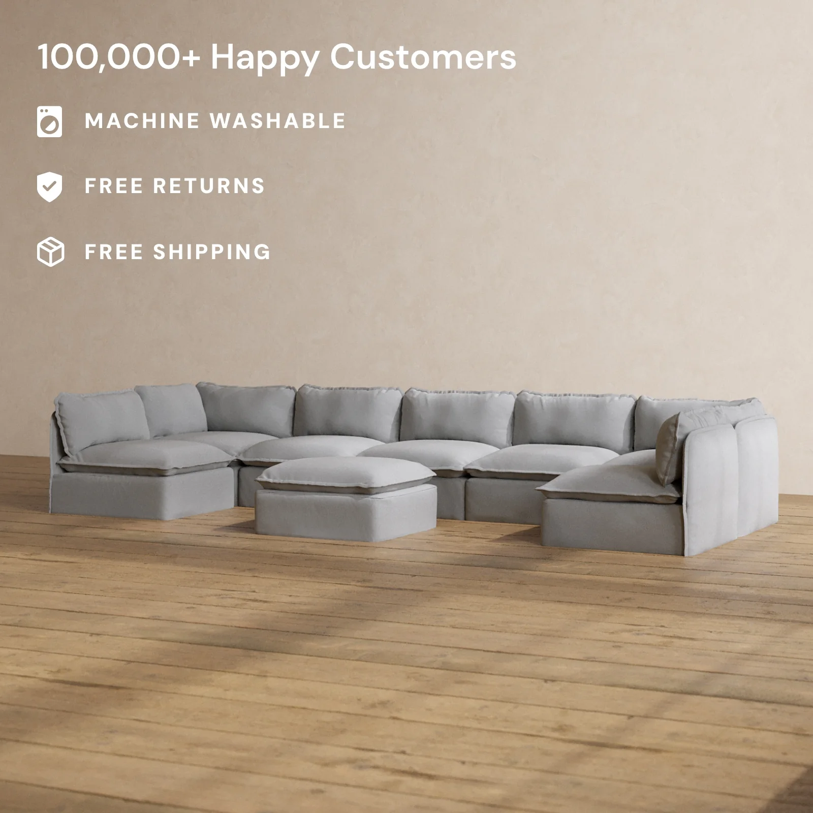 Modular Washable 7-Seater Open-Ends U-Sectional + Ottoman in Pumice | Deluxe+ Seat | Cloud Pillow - Image 2