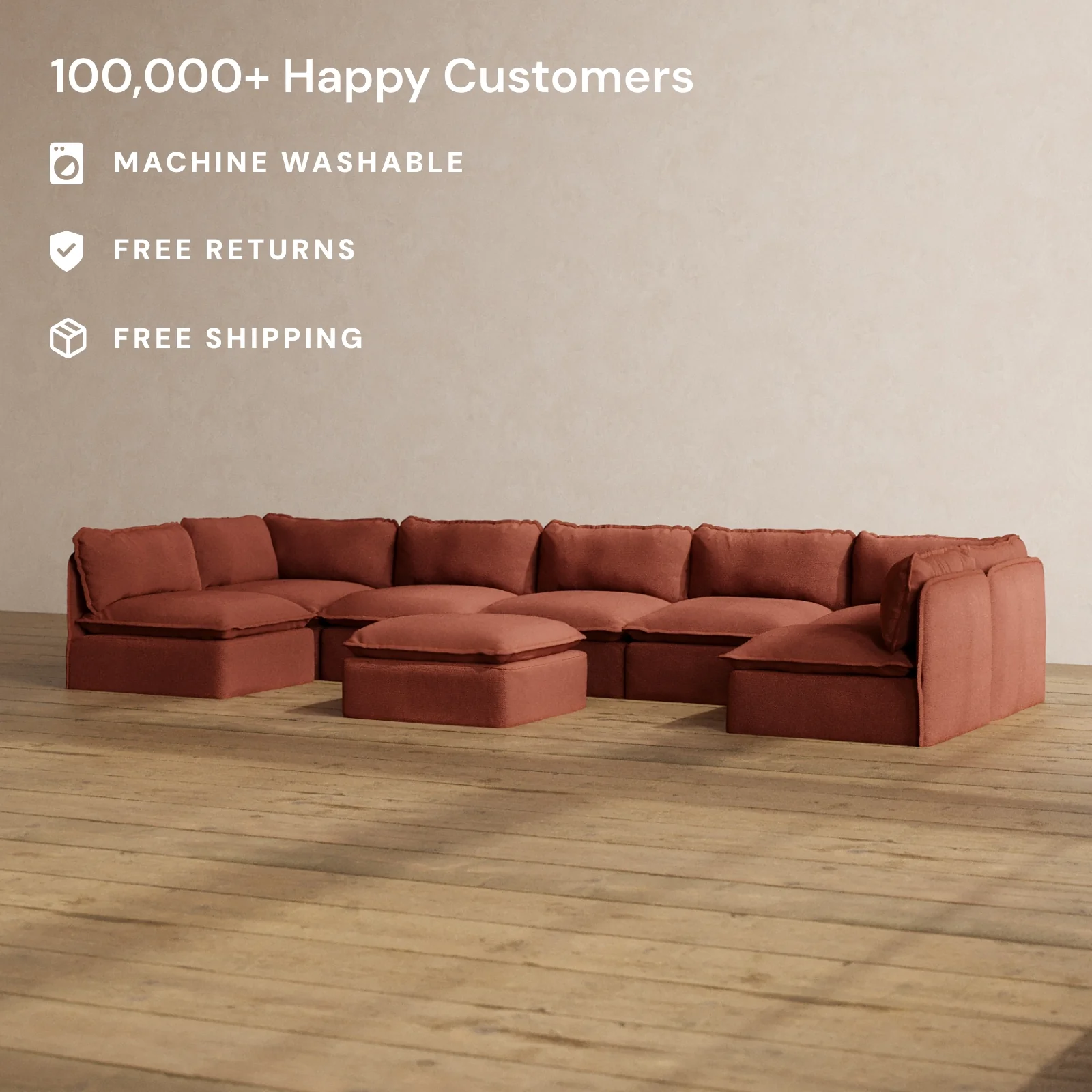 Modular Washable 7-Seater Open-Ends U-Sectional + Ottoman in Rust | Deluxe+ Seat | Cloud Pillow - Image 2
