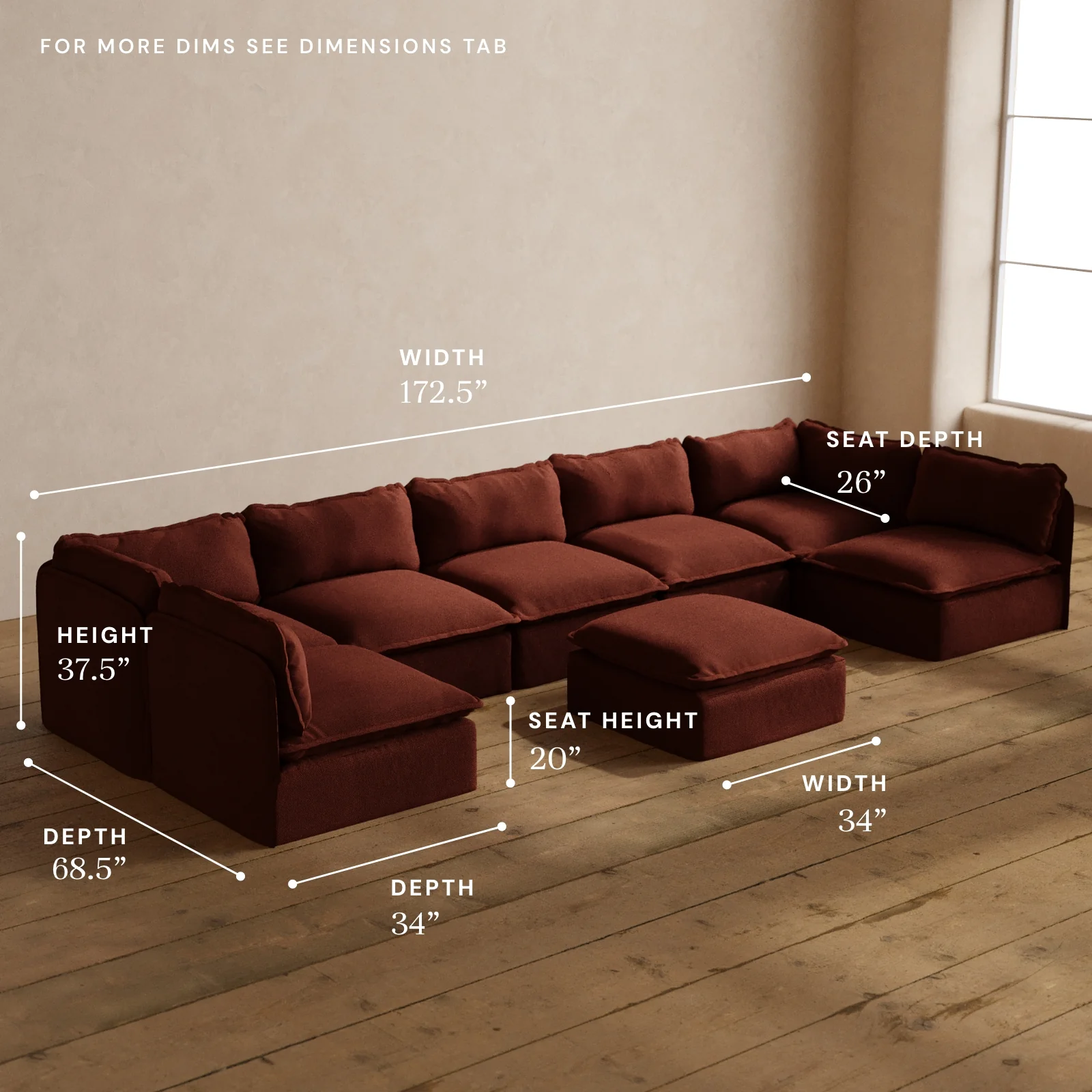 Modular Washable 7-Seater Open-Ends U-Sectional + Ottoman in Rust | Deluxe+ Seat | Cloud Pillow - Image 5