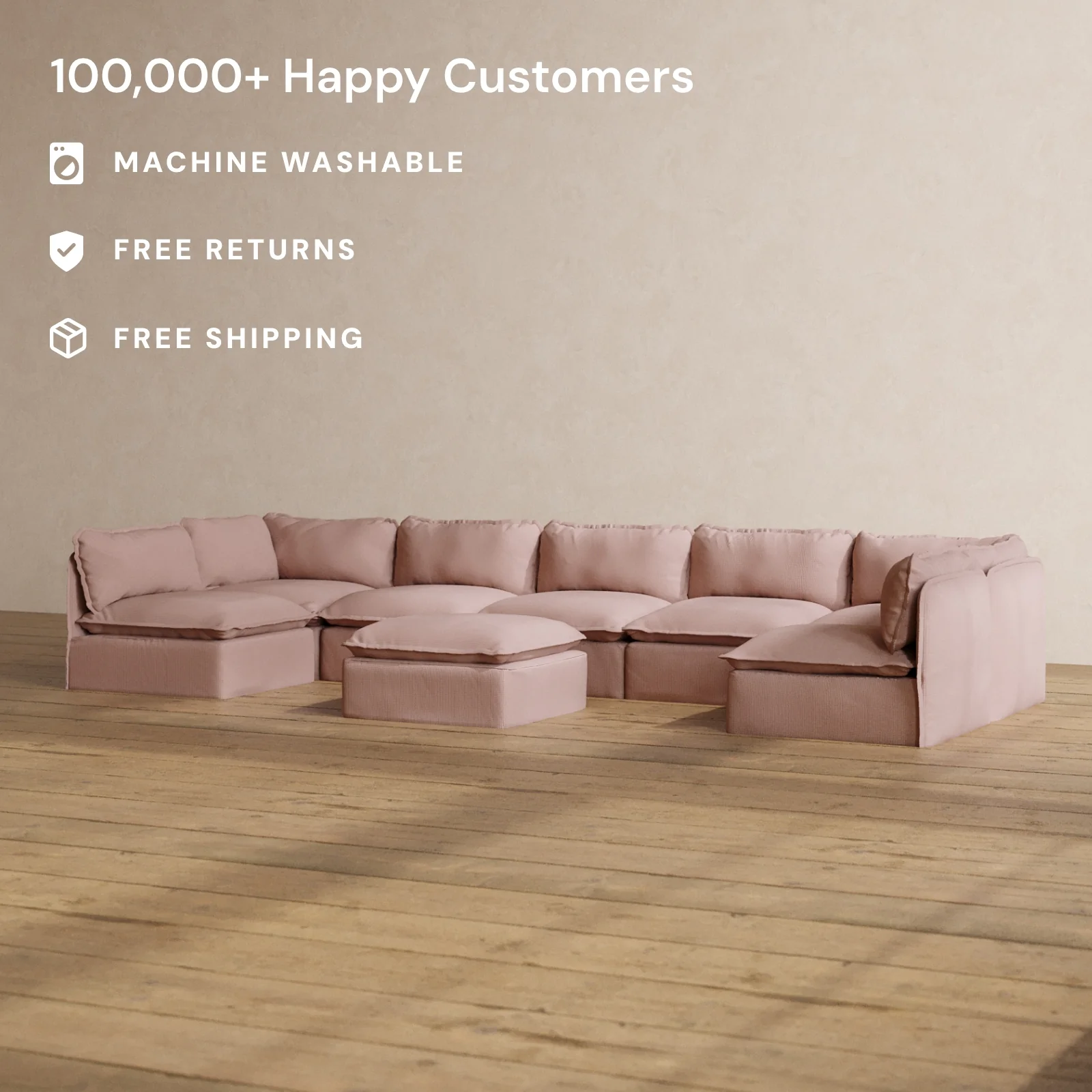 Modular Washable 7-Seater Open-Ends U-Sectional + Ottoman in Sakura | Memorix+ Seat | Contour Pillow - Image 2