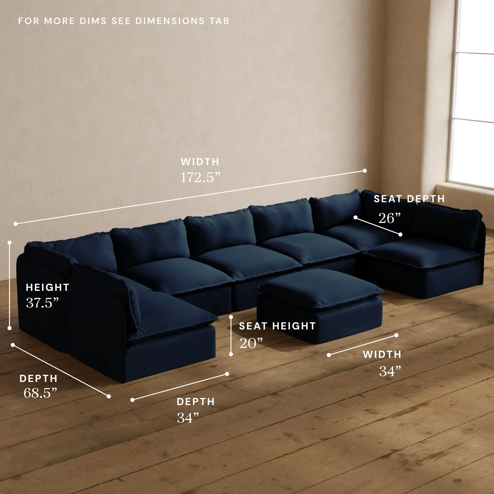 Modular Washable 7-Seater Open-Ends U-Sectional + Ottoman in Sumi | Memorix+ Seat | Contour Pillow - Image 5