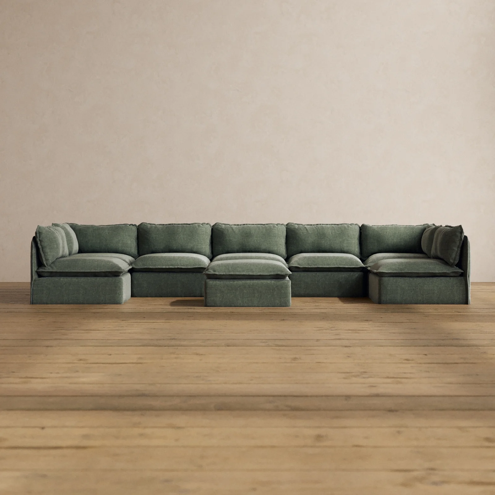 Modular Washable 7-Seater Open-Ends U-Sectional + Ottoman in Willow | Deluxe+ Seat | Cloud Pillow