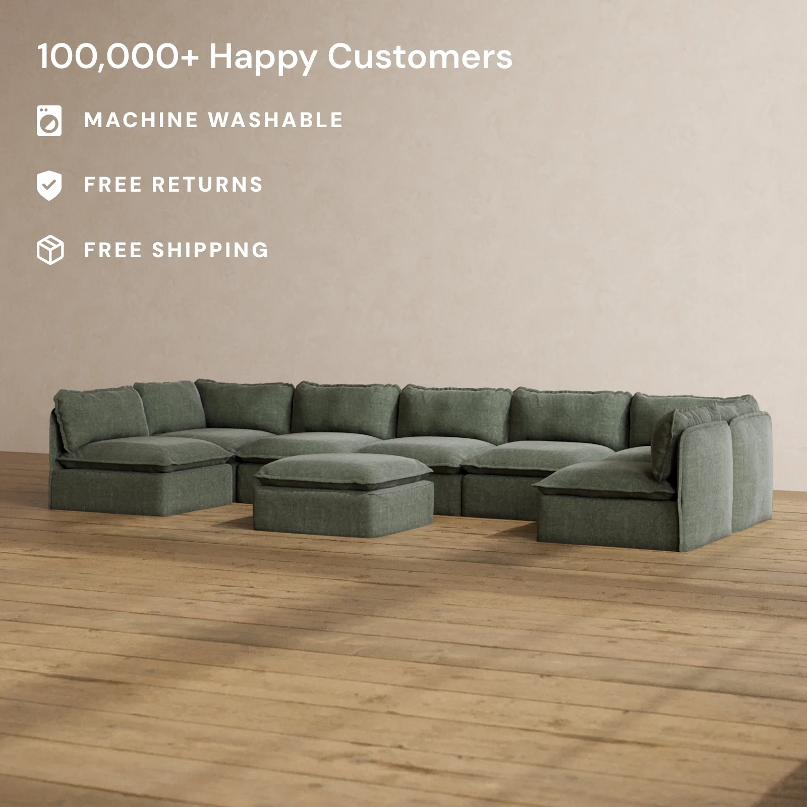 Modular Washable 7-Seater Open-Ends U-Sectional + Ottoman in Willow | Deluxe+ Seat | Cloud Pillow - Image 2