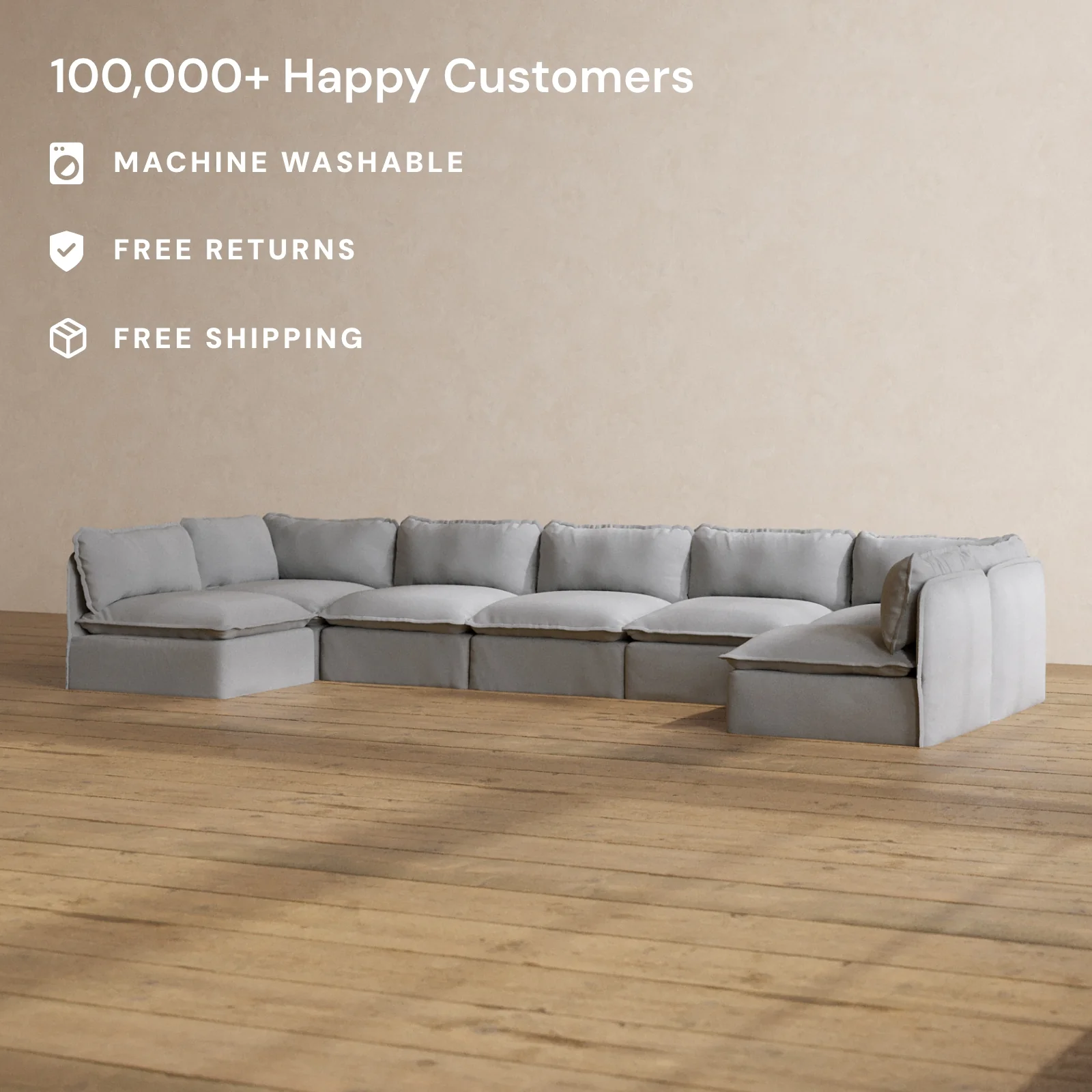 Modular Washable 7-Seater Open-Ends U-Sectional in Pumice | Memorix+ Seat | Contour Pillow - Image 2