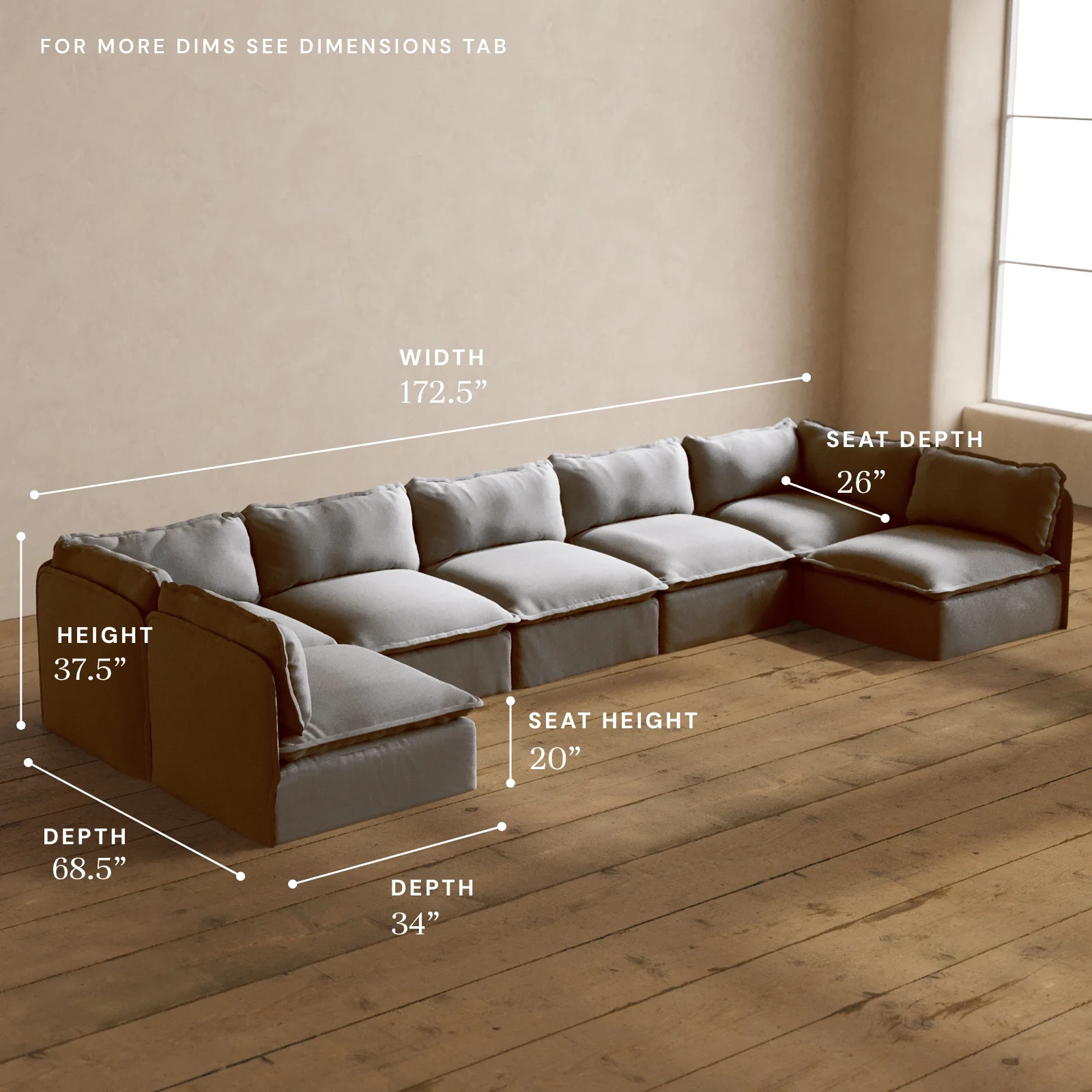 Modular Washable 7-Seater Open-Ends U-Sectional in Pumice | Memorix+ Seat | Contour Pillow - Image 5