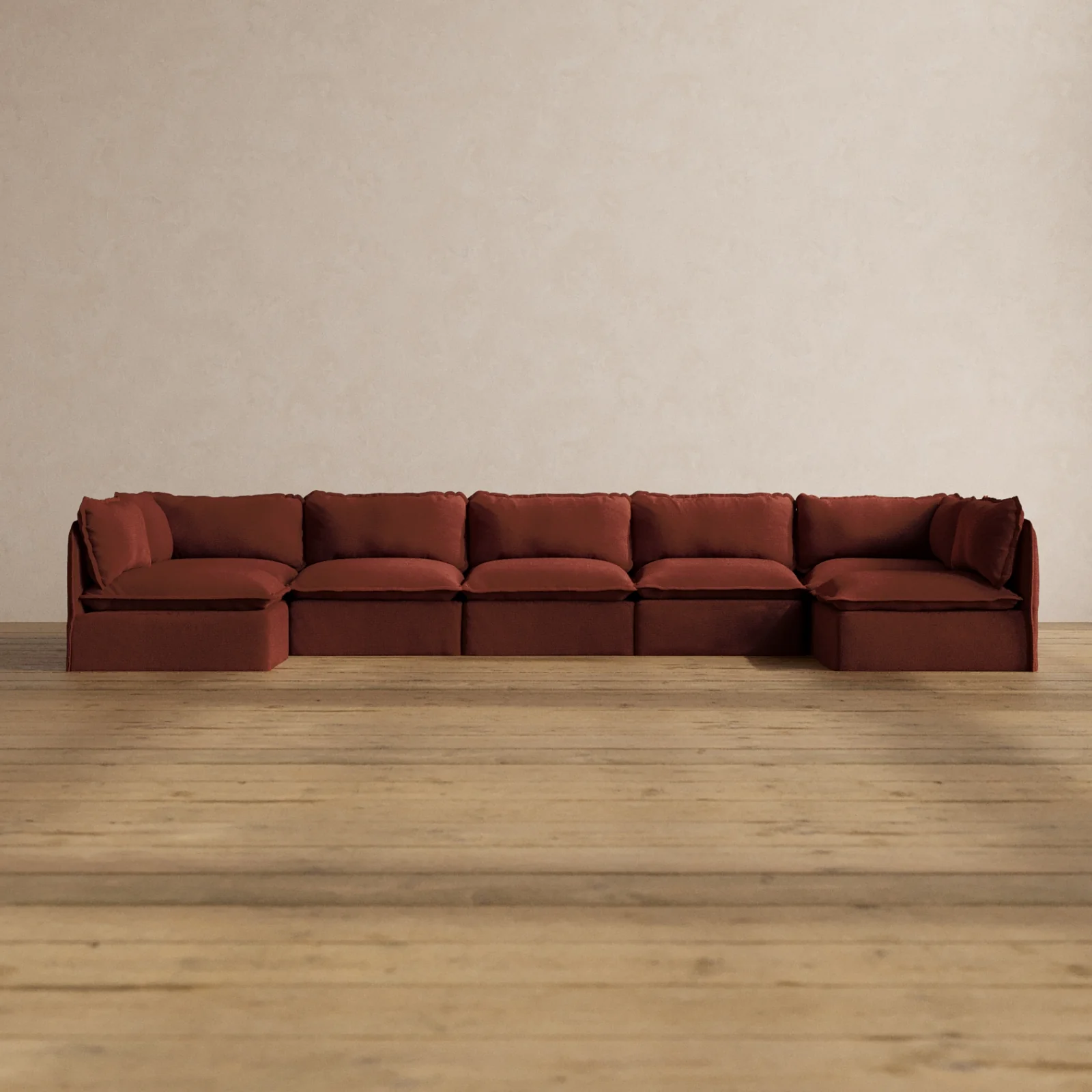 Modular Washable 7-Seater Open-Ends U-Sectional in Rust | Deluxe+ Seat | Cloud Pillow