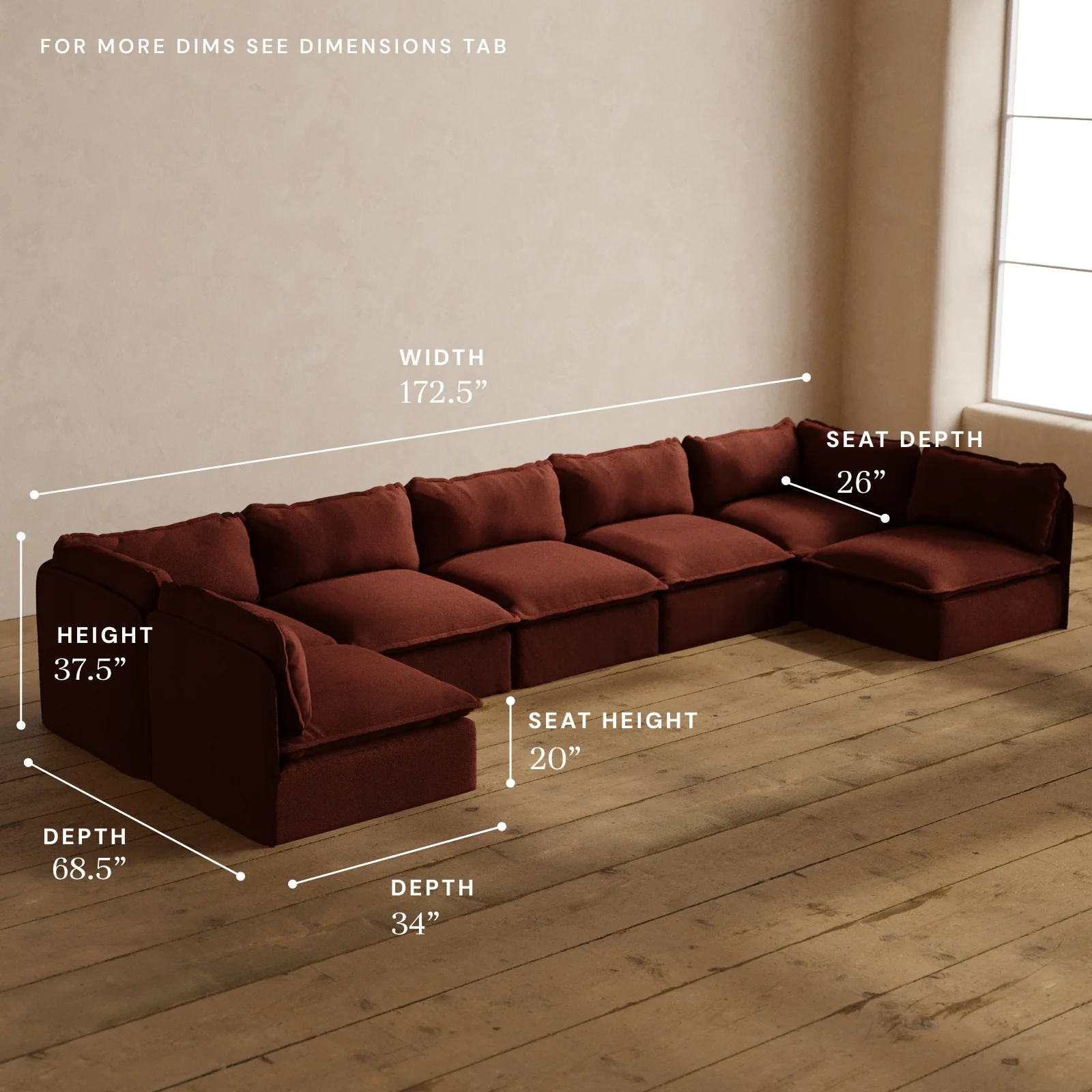 Modular Washable 7-Seater Open-Ends U-Sectional in Rust | Deluxe+ Seat | Cloud Pillow - Image 5