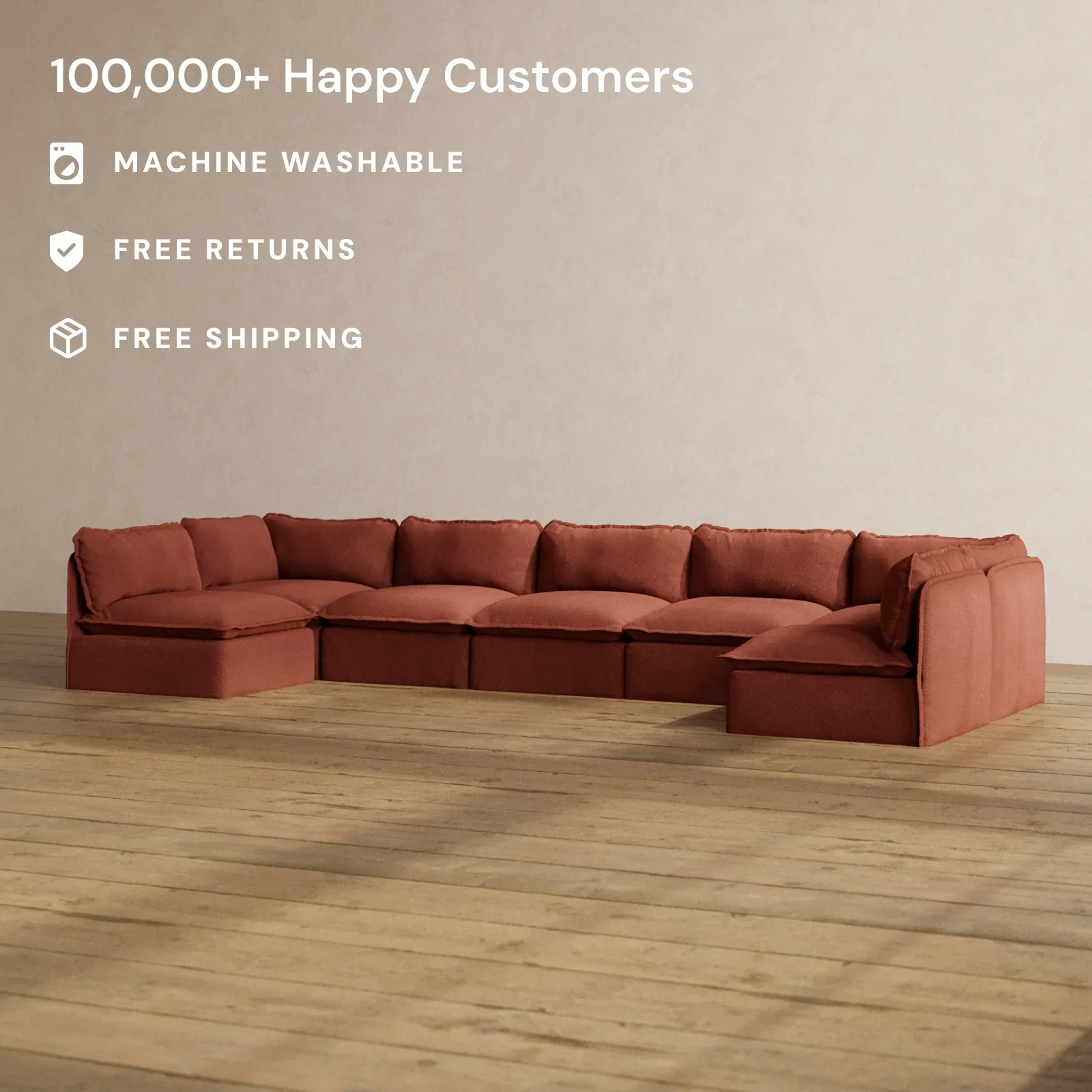 Modular Washable 7-Seater Open-Ends U-Sectional in Rust | Memorix+ Seat | Contour Pillow - Image 2